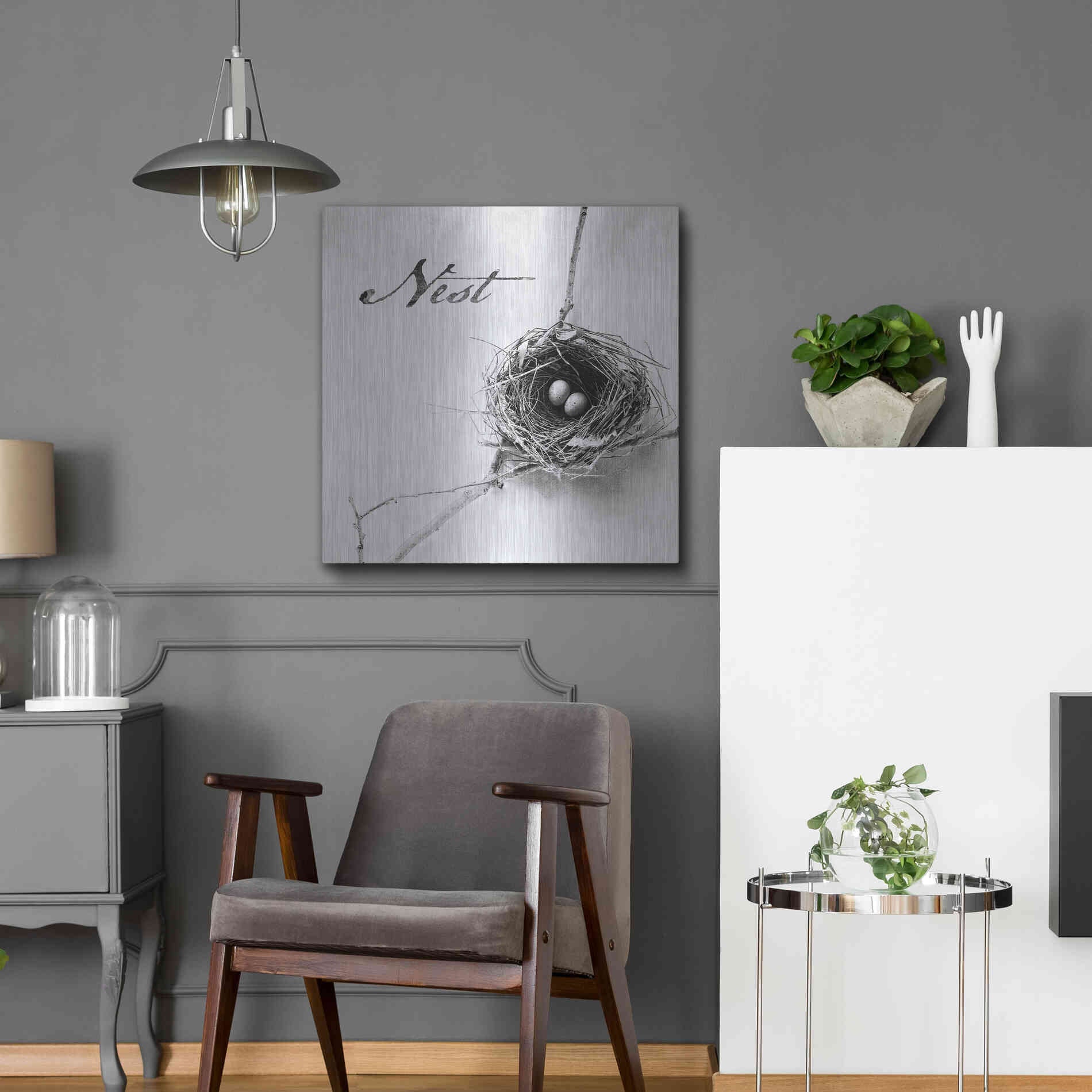 Luxe Metal Art 'Nest and Branch IV - Nest B&W' by Debra Van Swearingen, Metal Wall Art,24x24