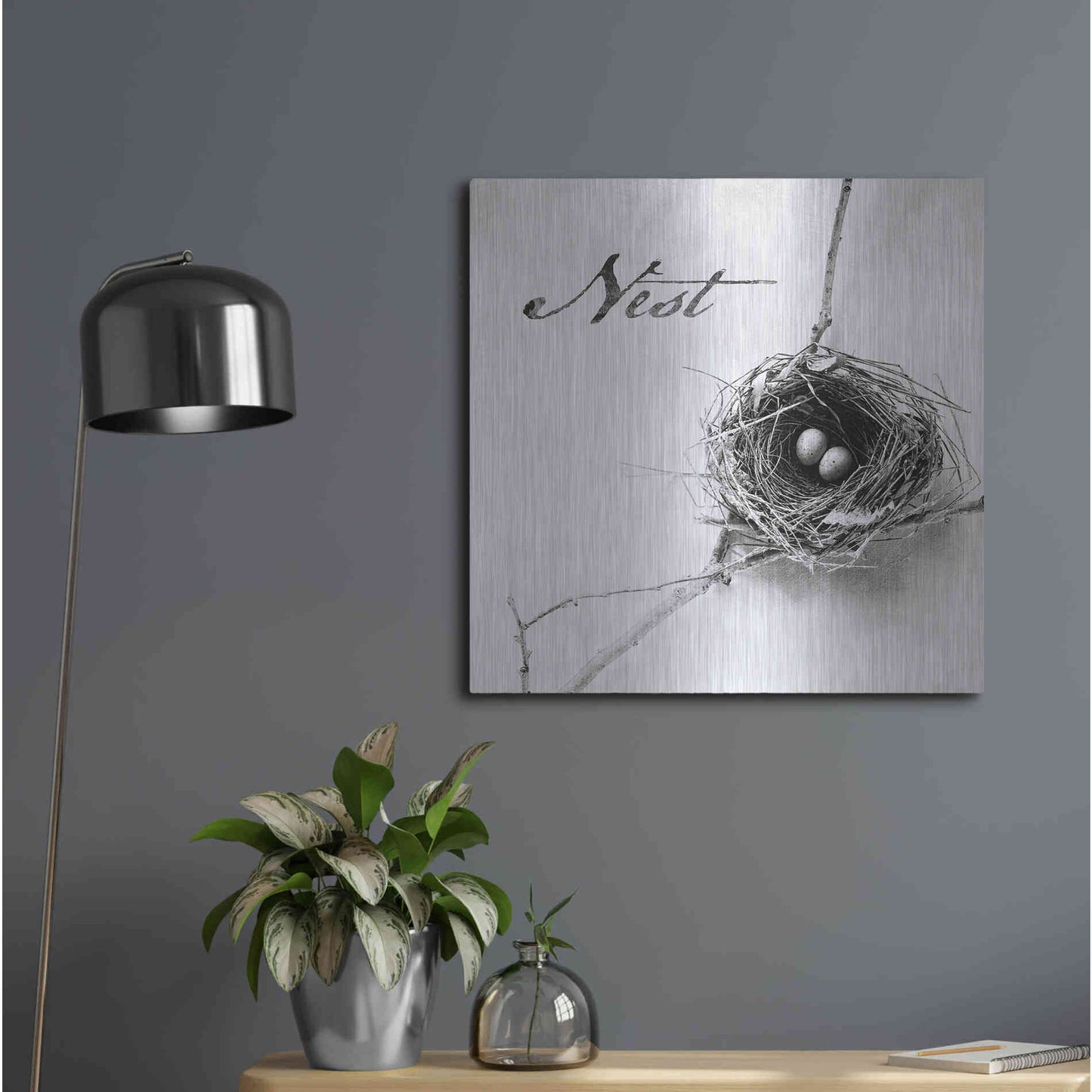 Luxe Metal Art 'Nest and Branch IV - Nest B&W' by Debra Van Swearingen, Metal Wall Art,24x24
