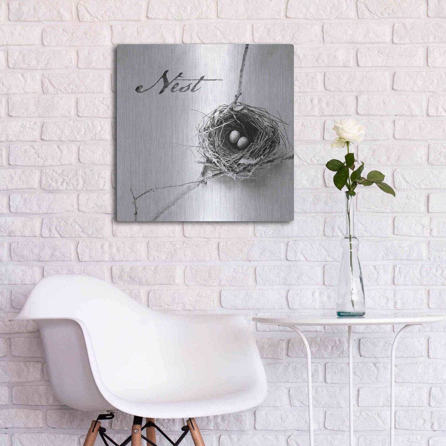 Luxe Metal Art 'Nest and Branch IV - Nest B&W' by Debra Van Swearingen, Metal Wall Art,24x24
