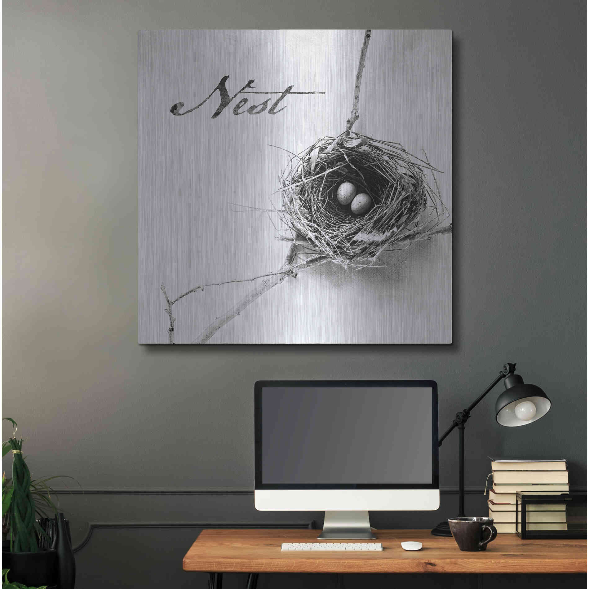 Luxe Metal Art 'Nest and Branch IV - Nest B&W' by Debra Van Swearingen, Metal Wall Art,36x36