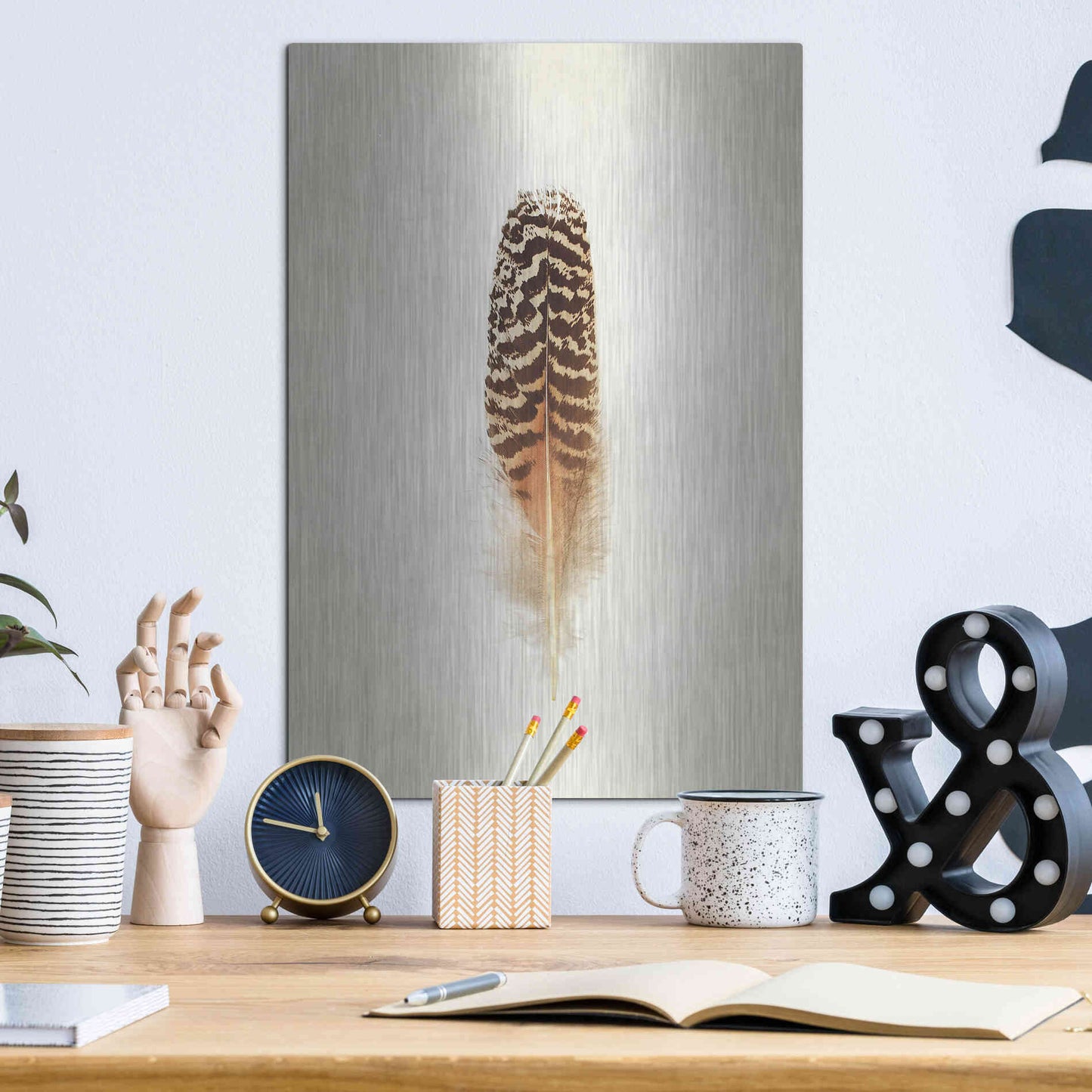 Luxe Metal Art 'Feather I' by Debra Van Swearingen, Metal Wall Art,12x16