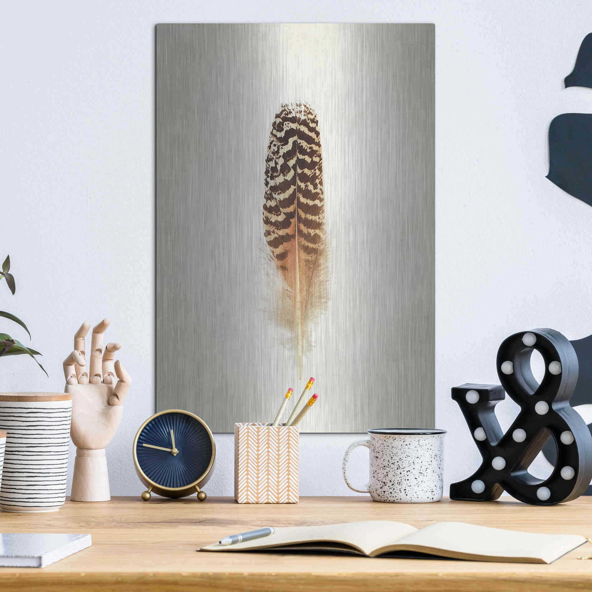Luxe Metal Art 'Feather I' by Debra Van Swearingen, Metal Wall Art,12x16