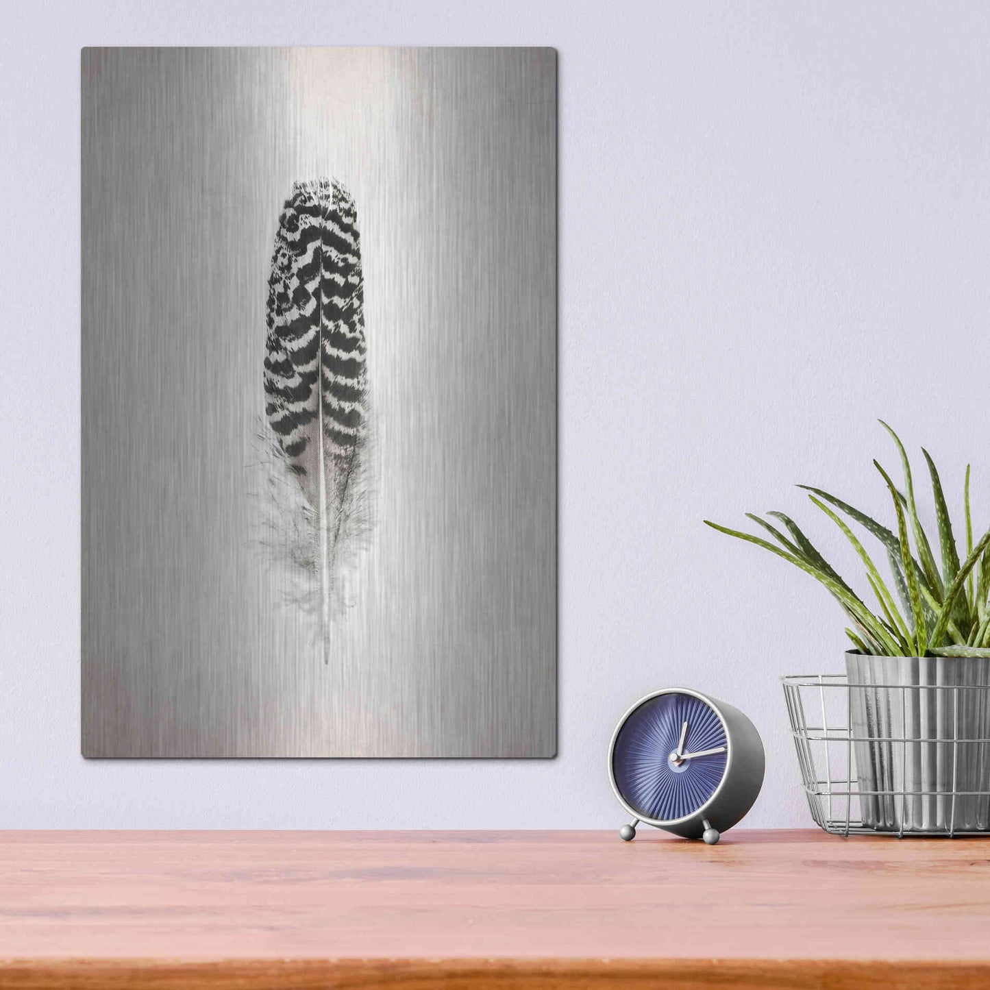 Luxe Metal Art 'Feather I B&W' by Debra Van Swearingen, Metal Wall Art,12x16