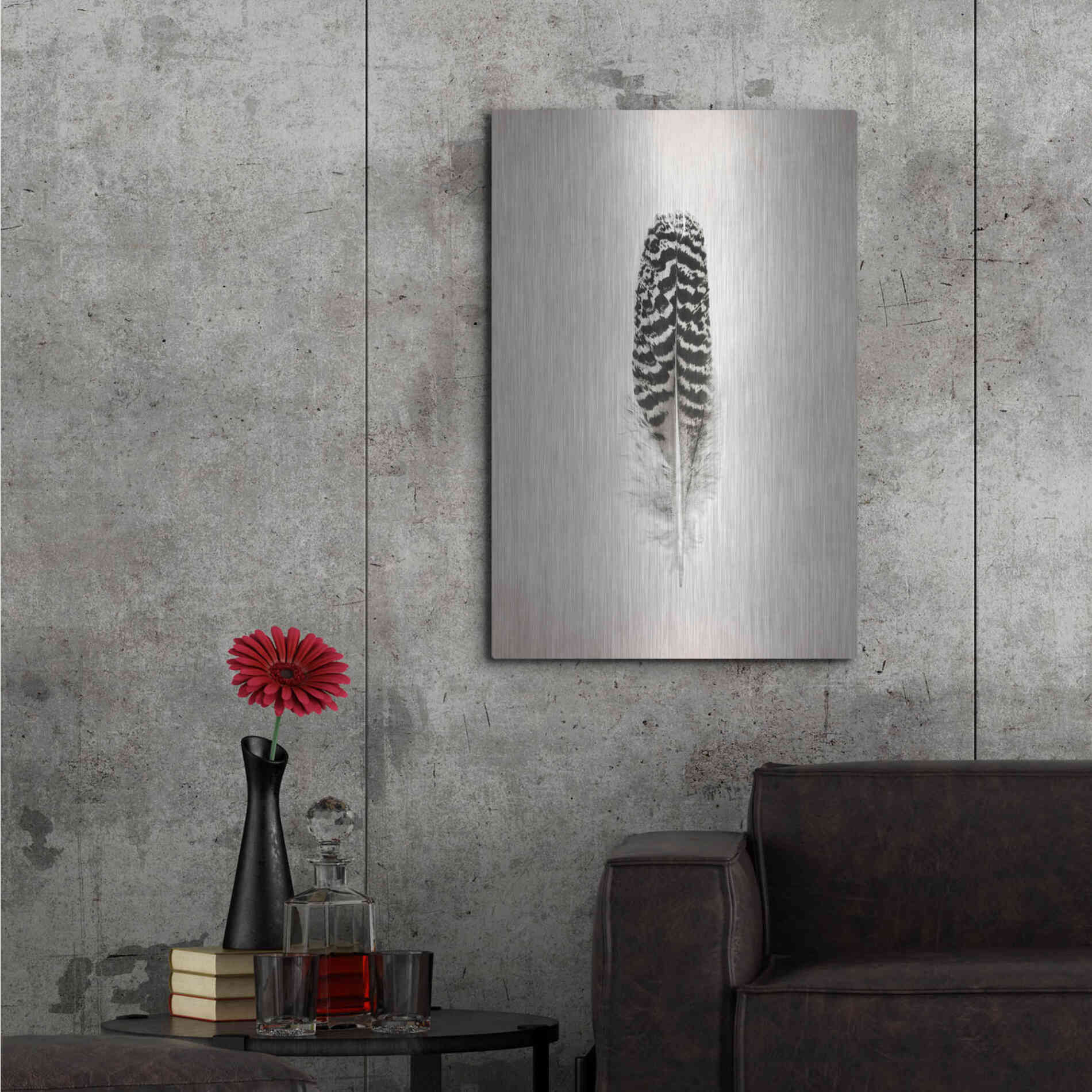 Luxe Metal Art 'Feather I B&W' by Debra Van Swearingen, Metal Wall Art,24x36