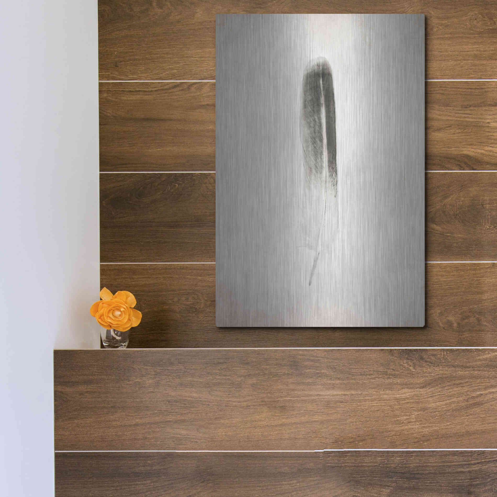 Luxe Metal Art 'Feather II B&W' by Debra Van Swearingen, Metal Wall Art,12x16