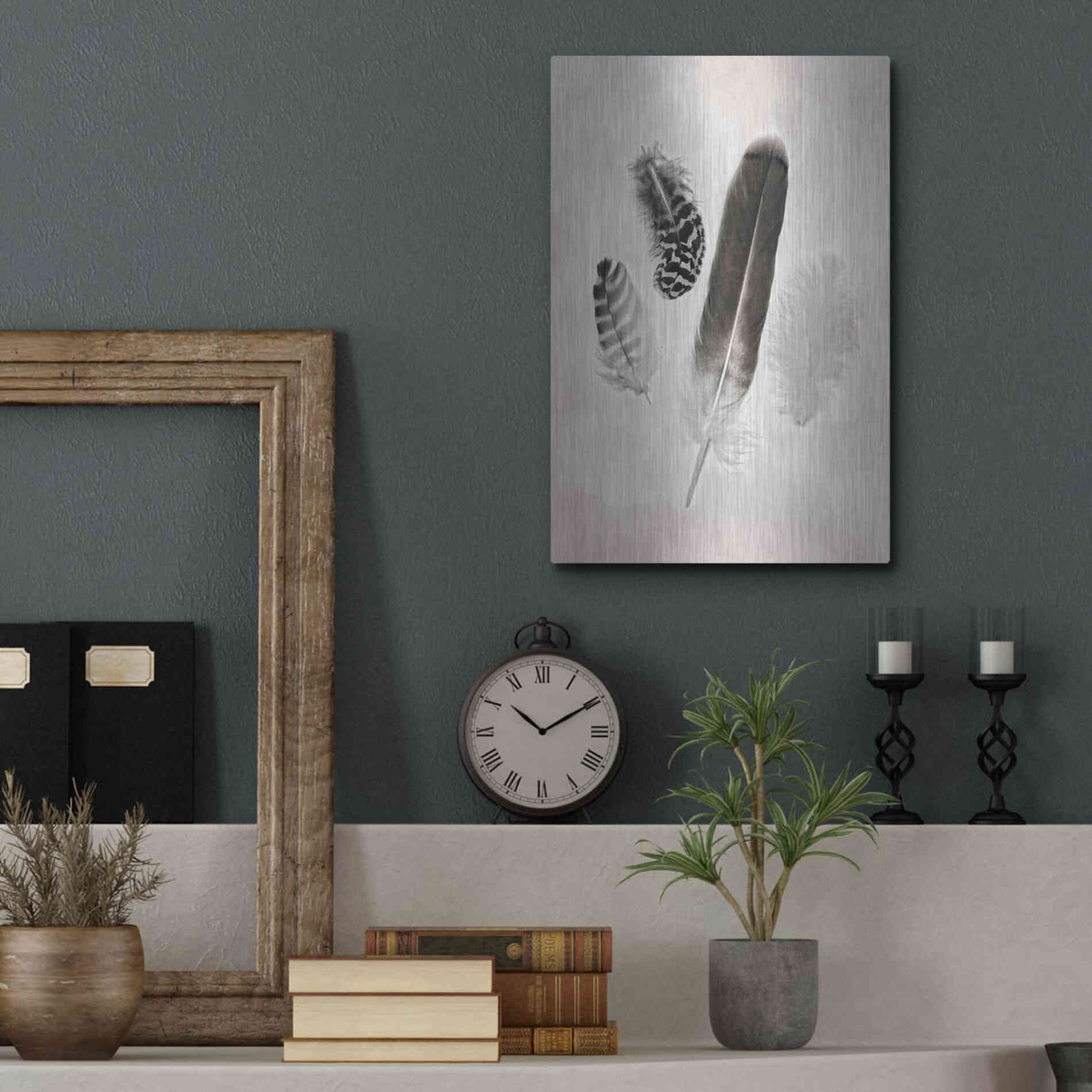 Luxe Metal Art 'Feather Group I B&W' by Debra Van Swearingen, Metal Wall Art,12x16