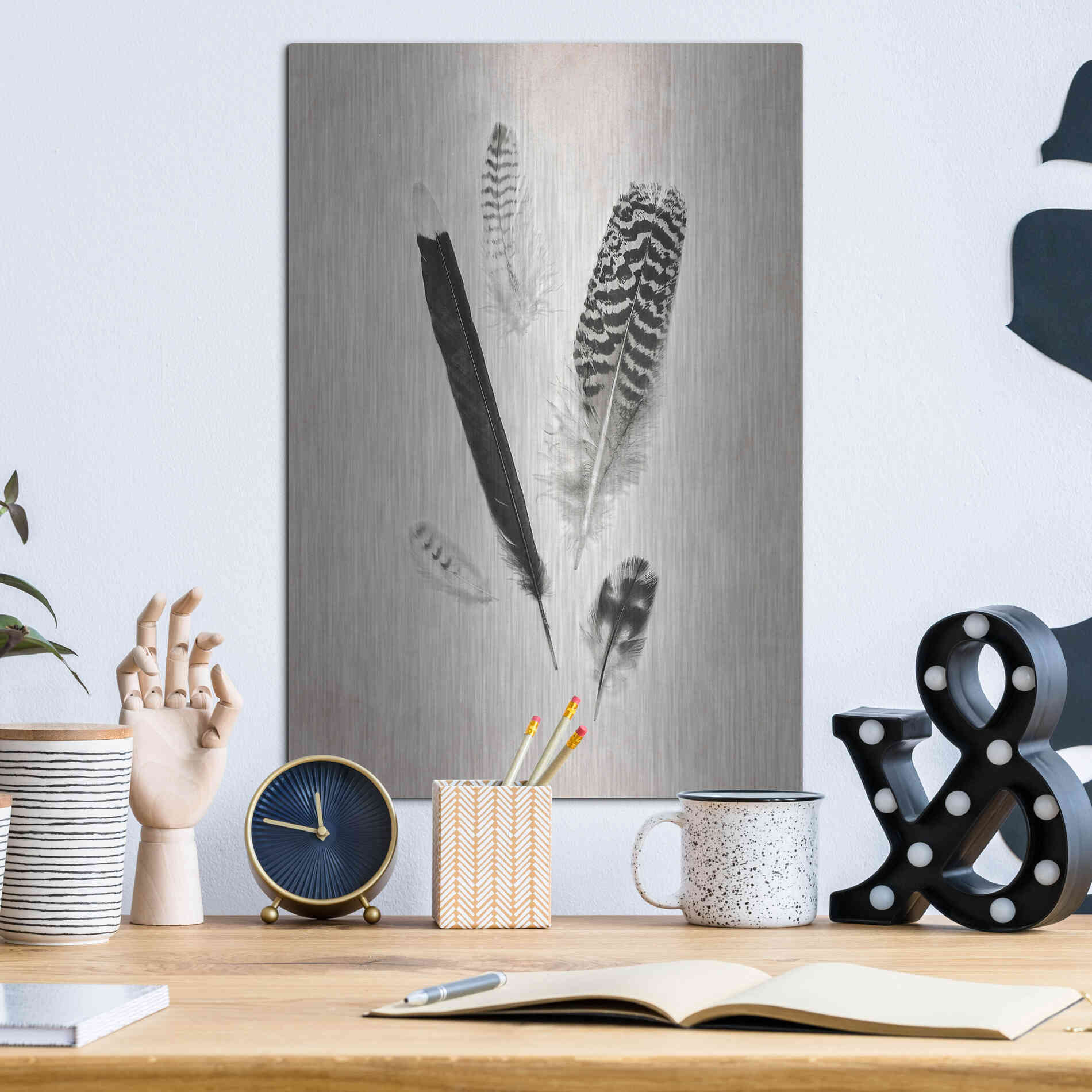 Luxe Metal Art 'Feather Group II B&W' by Debra Van Swearingen, Metal Wall Art,12x16