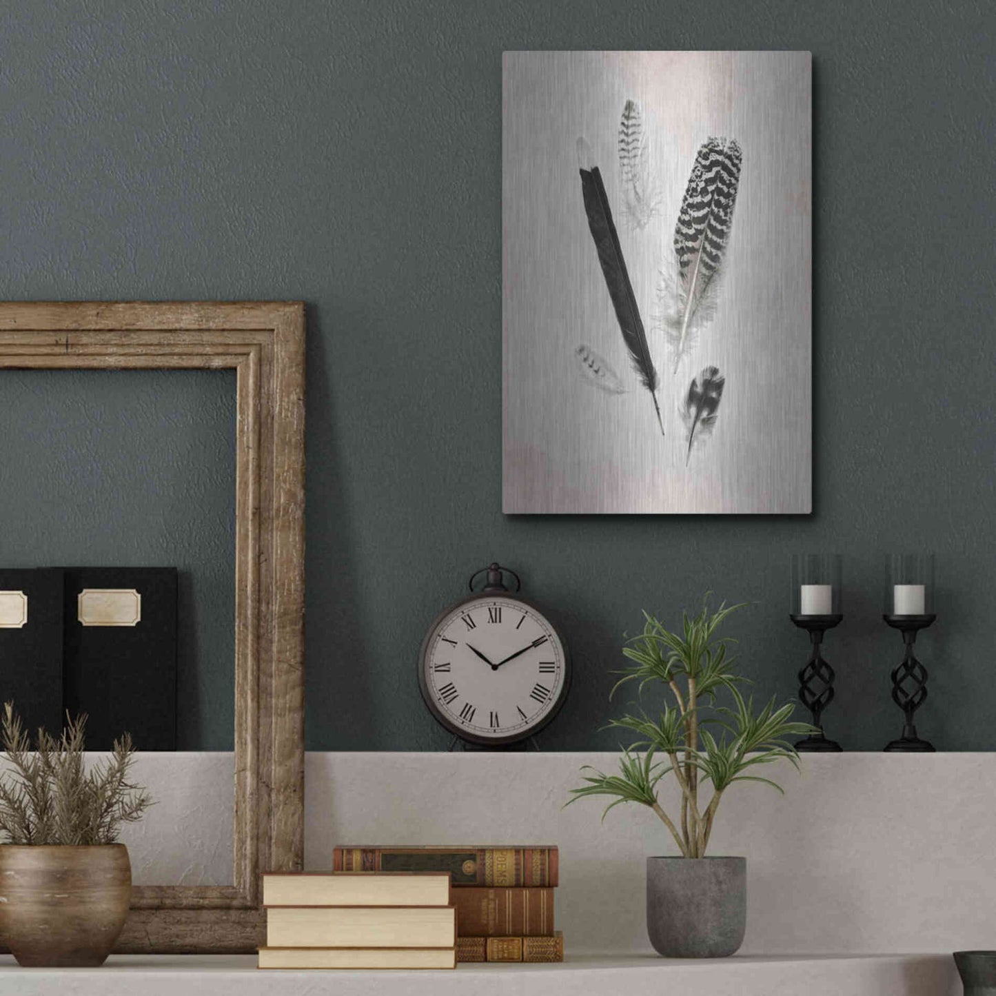 Luxe Metal Art 'Feather Group II B&W' by Debra Van Swearingen, Metal Wall Art,12x16