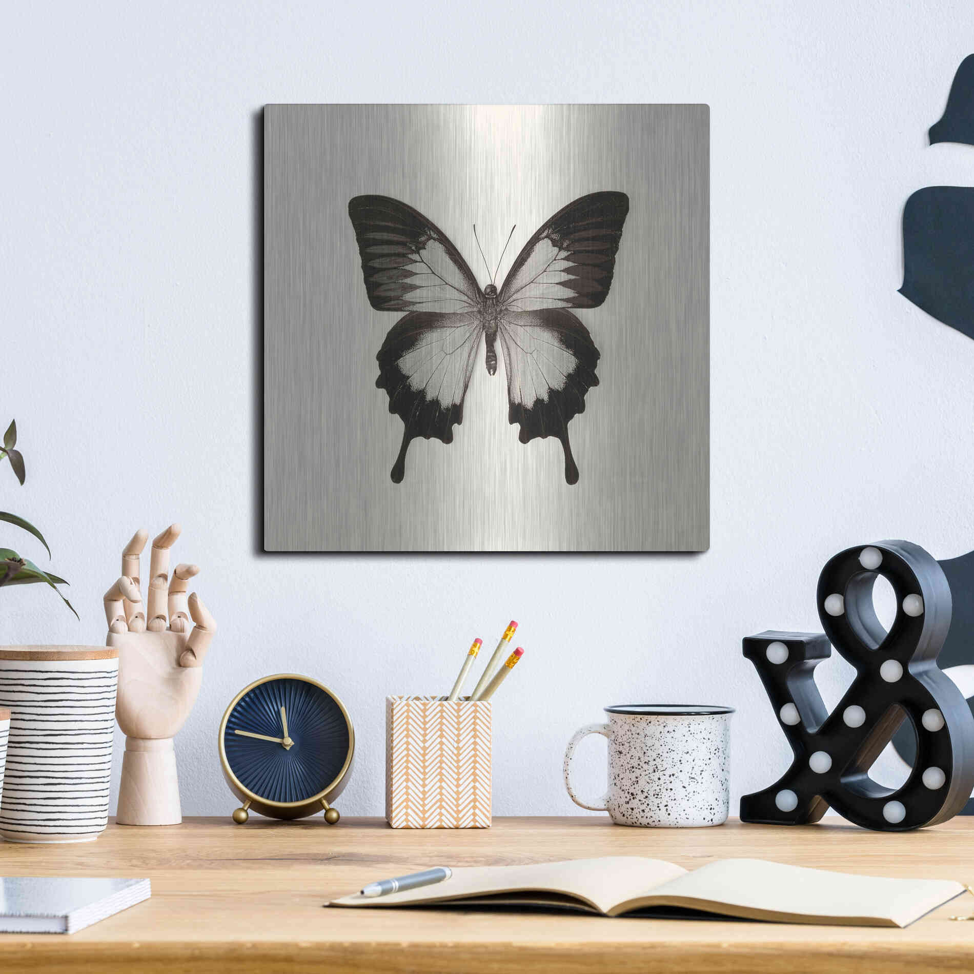 Luxe Metal Art 'Butterfly III B&W' by Debra Van Swearingen, Metal Wall Art,12x12