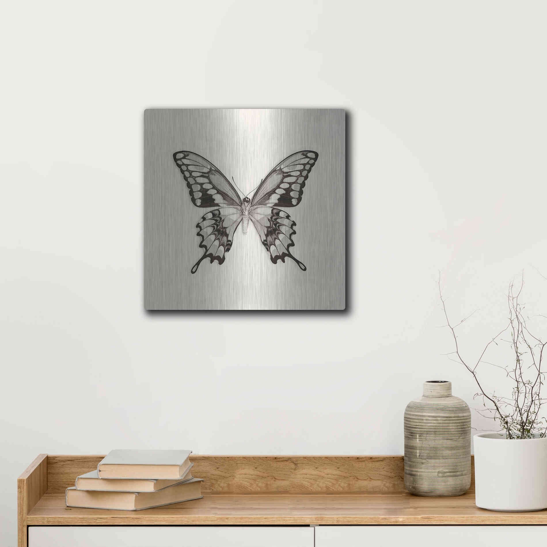 Luxe Metal Art 'Butterfly VI B&W' by Debra Van Swearingen, Metal Wall Art,12x12