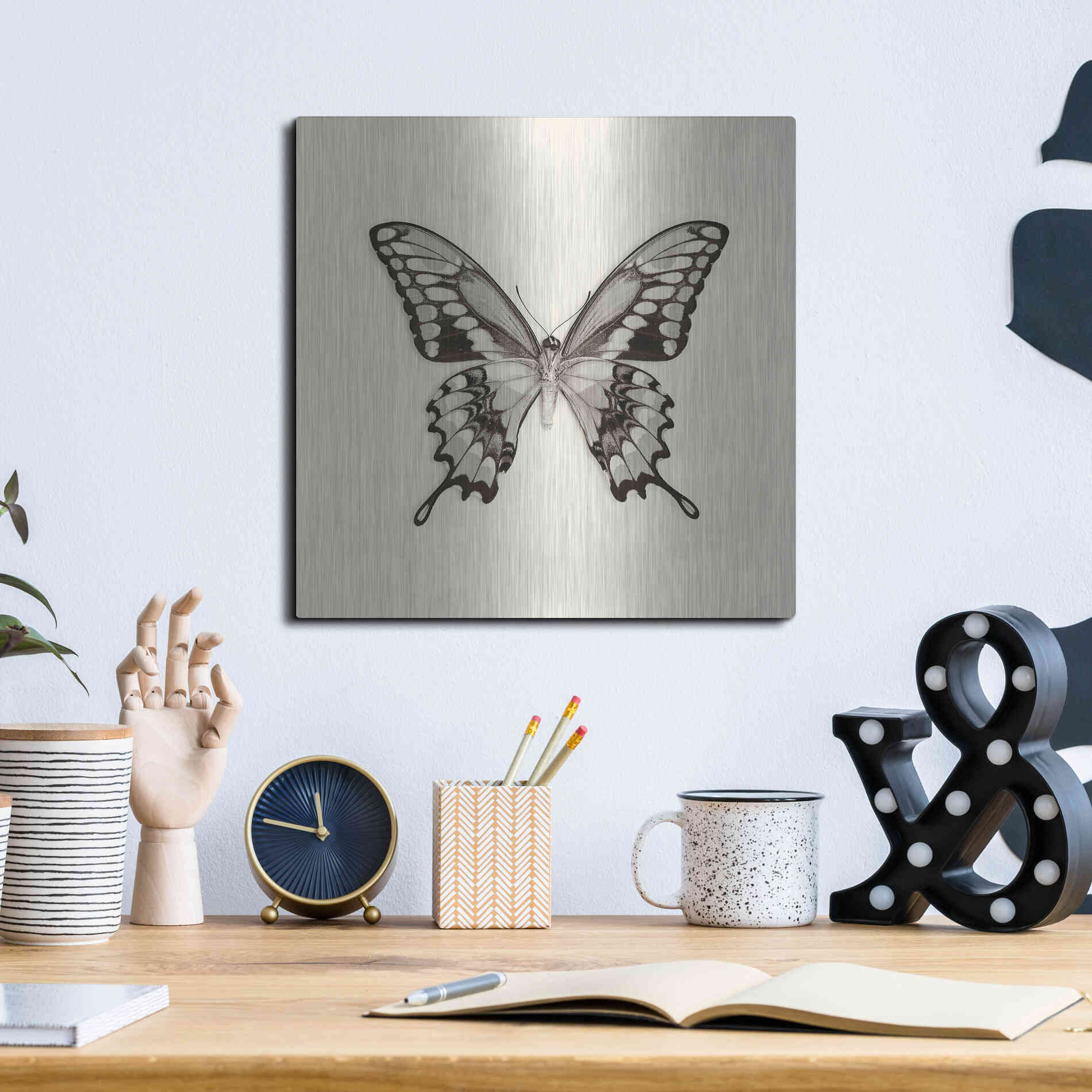 Luxe Metal Art 'Butterfly VI B&W' by Debra Van Swearingen, Metal Wall Art,12x12