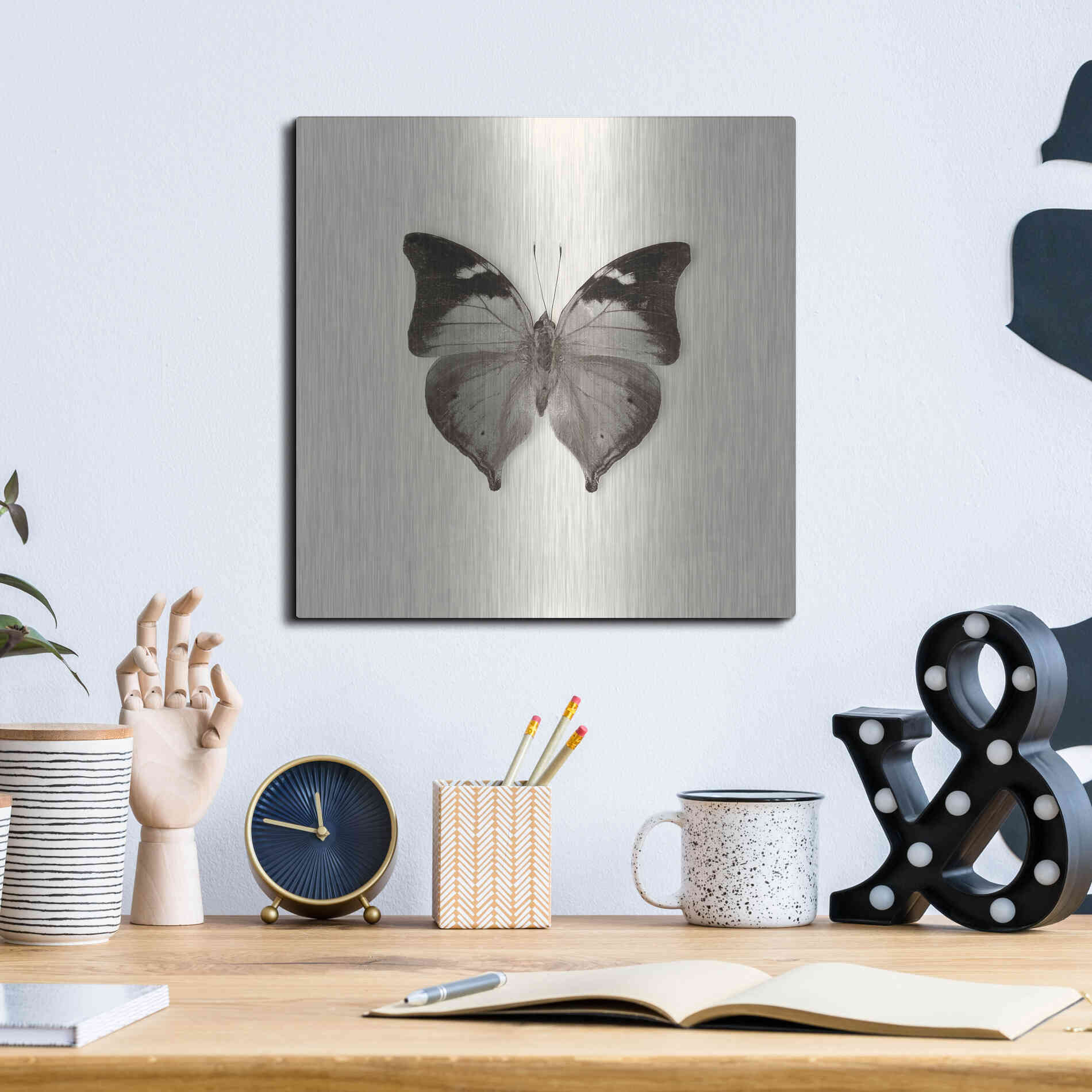 Luxe Metal Art 'Butterfly VII B&W' by Debra Van Swearingen, Metal Wall Art,12x12