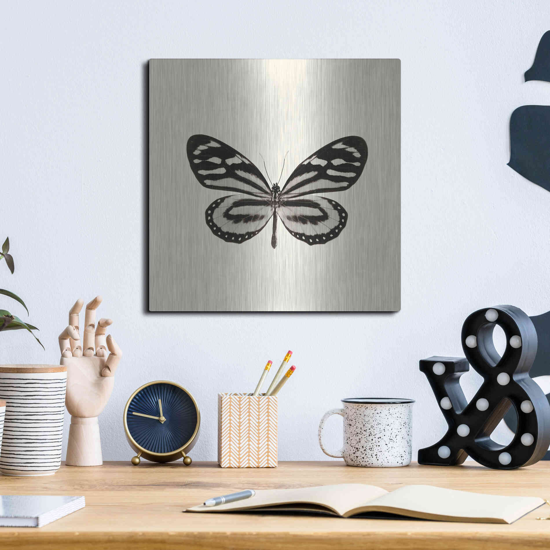 Luxe Metal Art 'Butterfly VIII B&W' by Debra Van Swearingen, Metal Wall Art,12x12