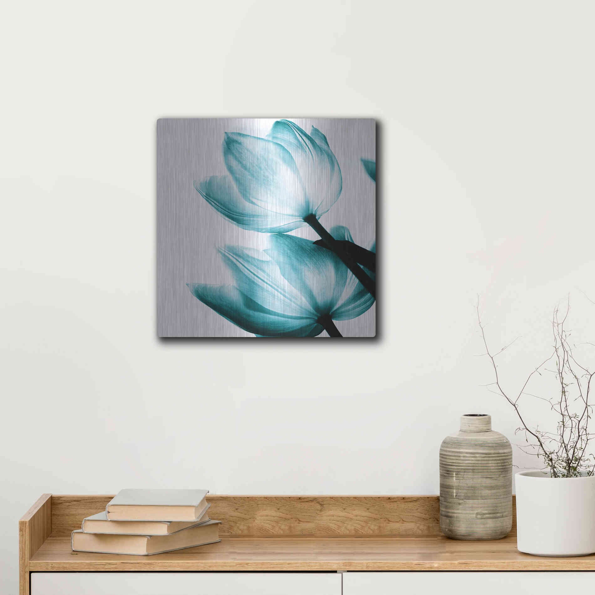Luxe Metal Art 'Translucent Tulips II Teal' by Debra Van Swearingen, Metal Wall Art,12x12