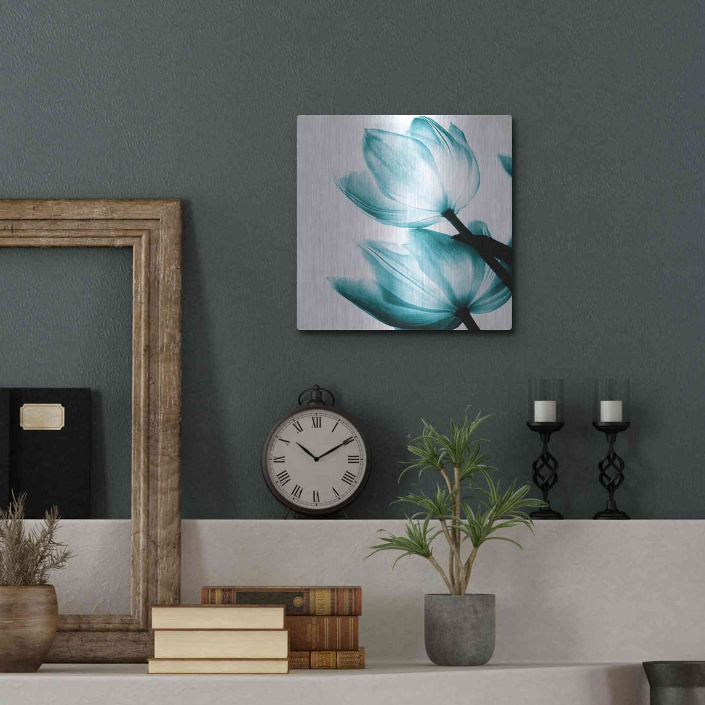 Luxe Metal Art 'Translucent Tulips II Teal' by Debra Van Swearingen, Metal Wall Art,12x12