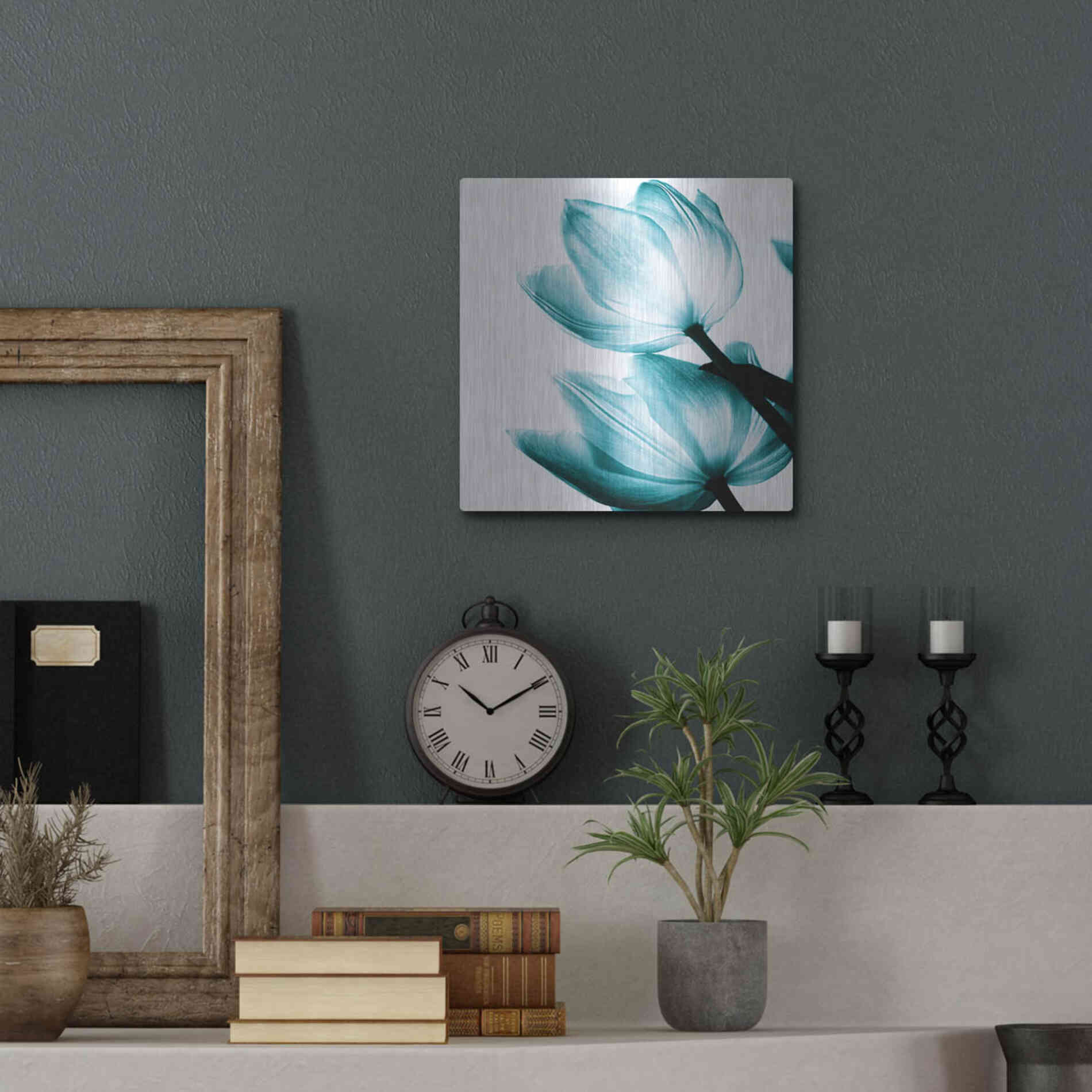 Luxe Metal Art 'Translucent Tulips II Teal' by Debra Van Swearingen, Metal Wall Art,12x12