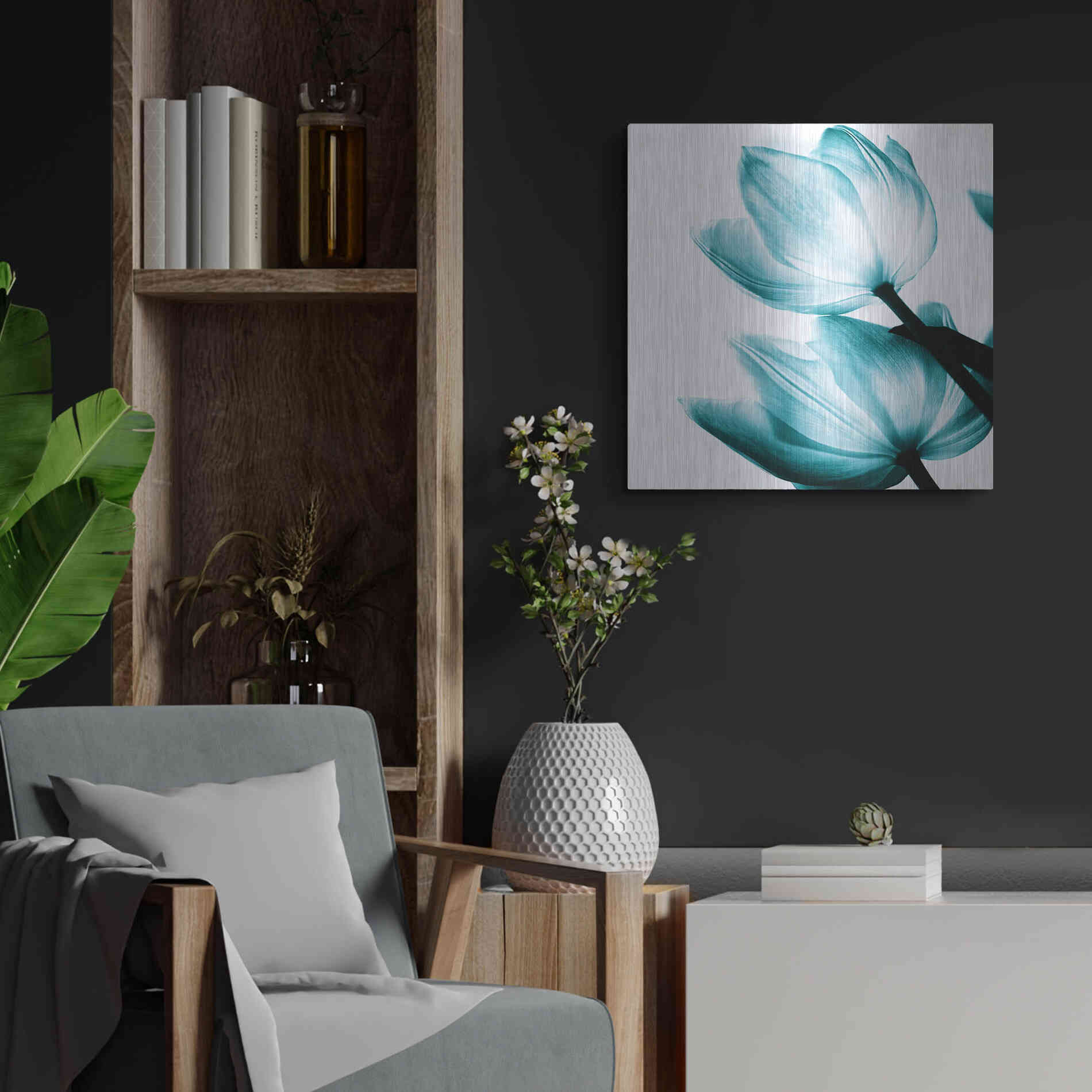 Luxe Metal Art 'Translucent Tulips II Teal' by Debra Van Swearingen, Metal Wall Art,24x24
