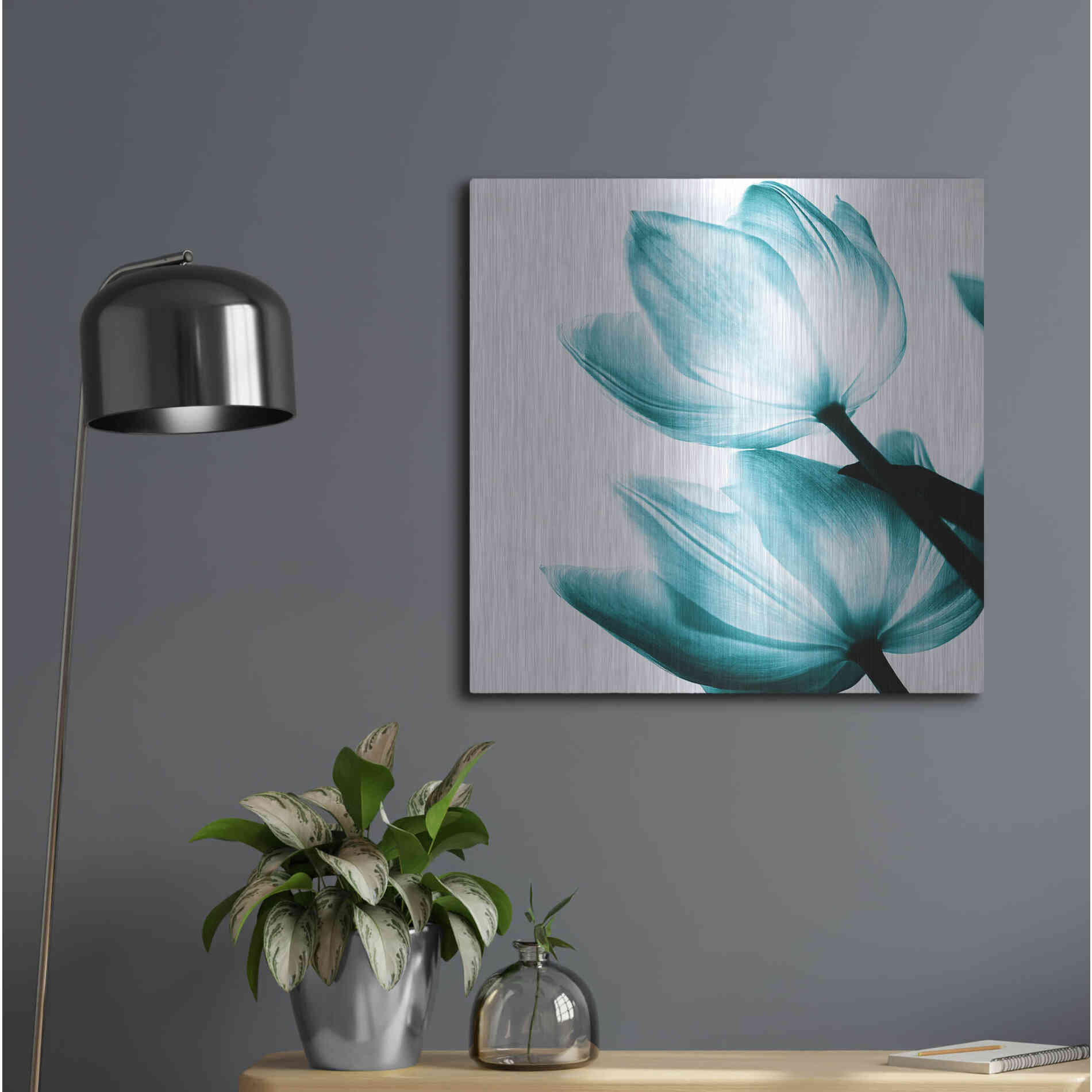 Luxe Metal Art 'Translucent Tulips II Teal' by Debra Van Swearingen, Metal Wall Art,24x24