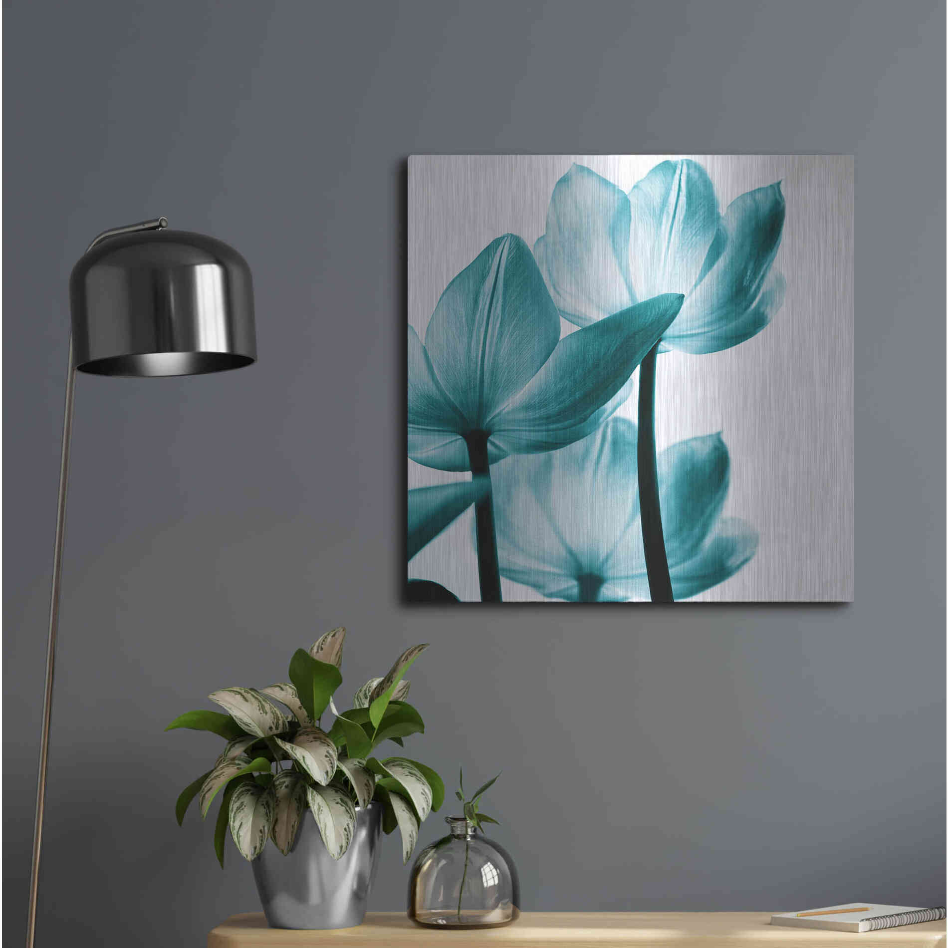 Luxe Metal Art 'Translucent Tulips III Teal' by Debra Van Swearingen, Metal Wall Art,24x24