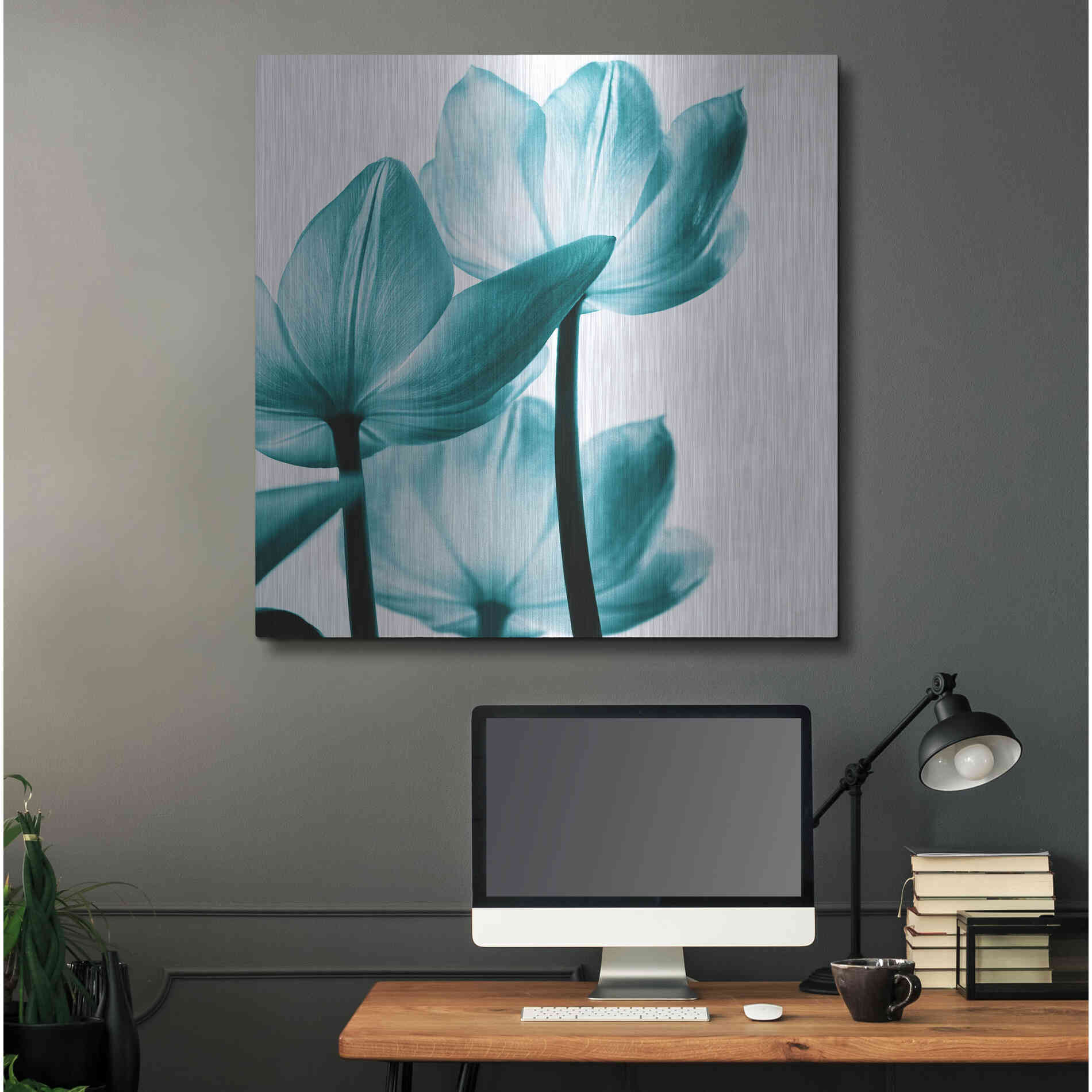 Luxe Metal Art 'Translucent Tulips III Teal' by Debra Van Swearingen, Metal Wall Art,36x36