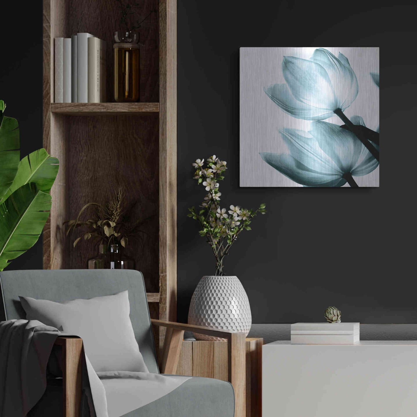 Luxe Metal Art 'Translucent Tulips II Aqua' by Debra Van Swearingen, Metal Wall Art,24x24