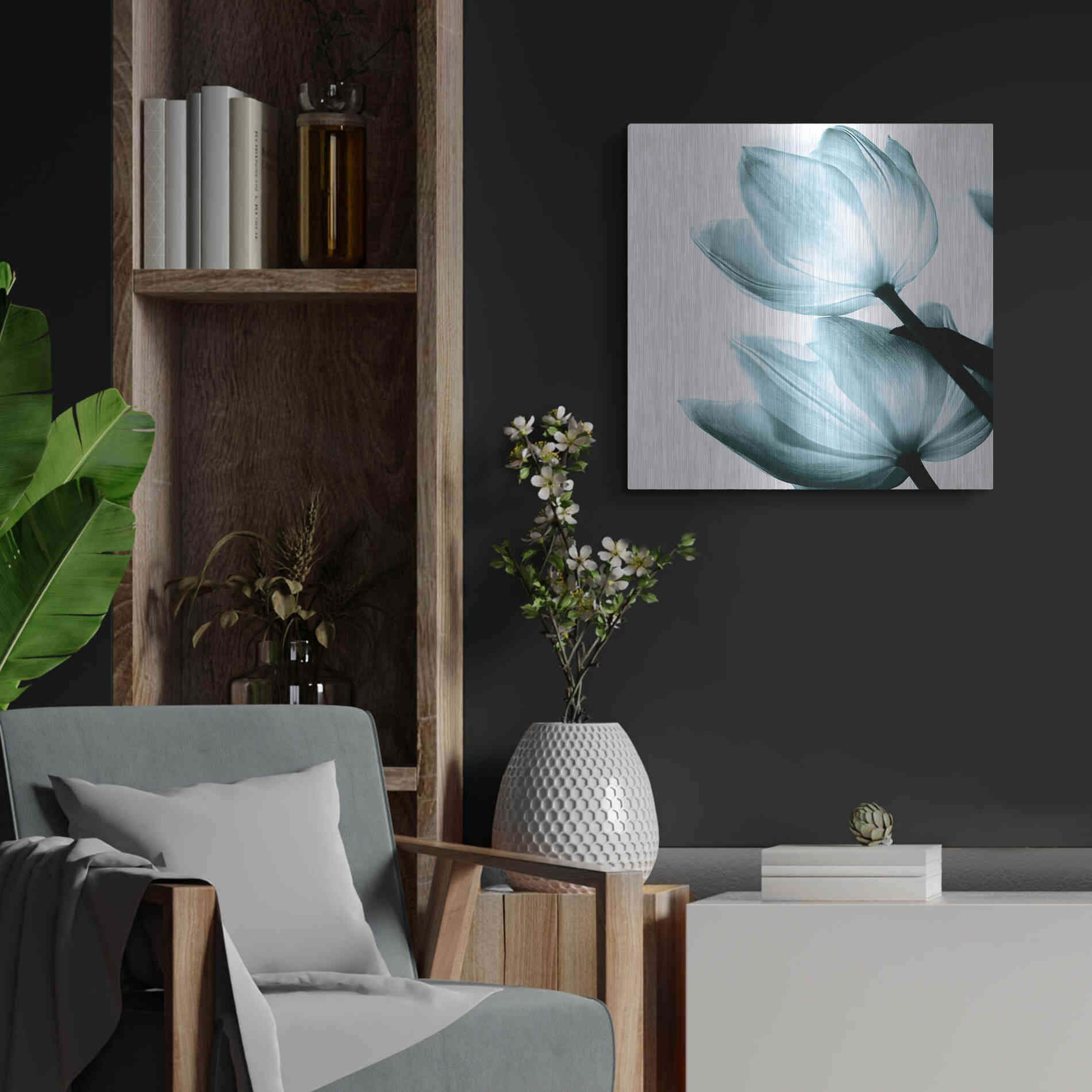 Luxe Metal Art 'Translucent Tulips II Aqua' by Debra Van Swearingen, Metal Wall Art,24x24