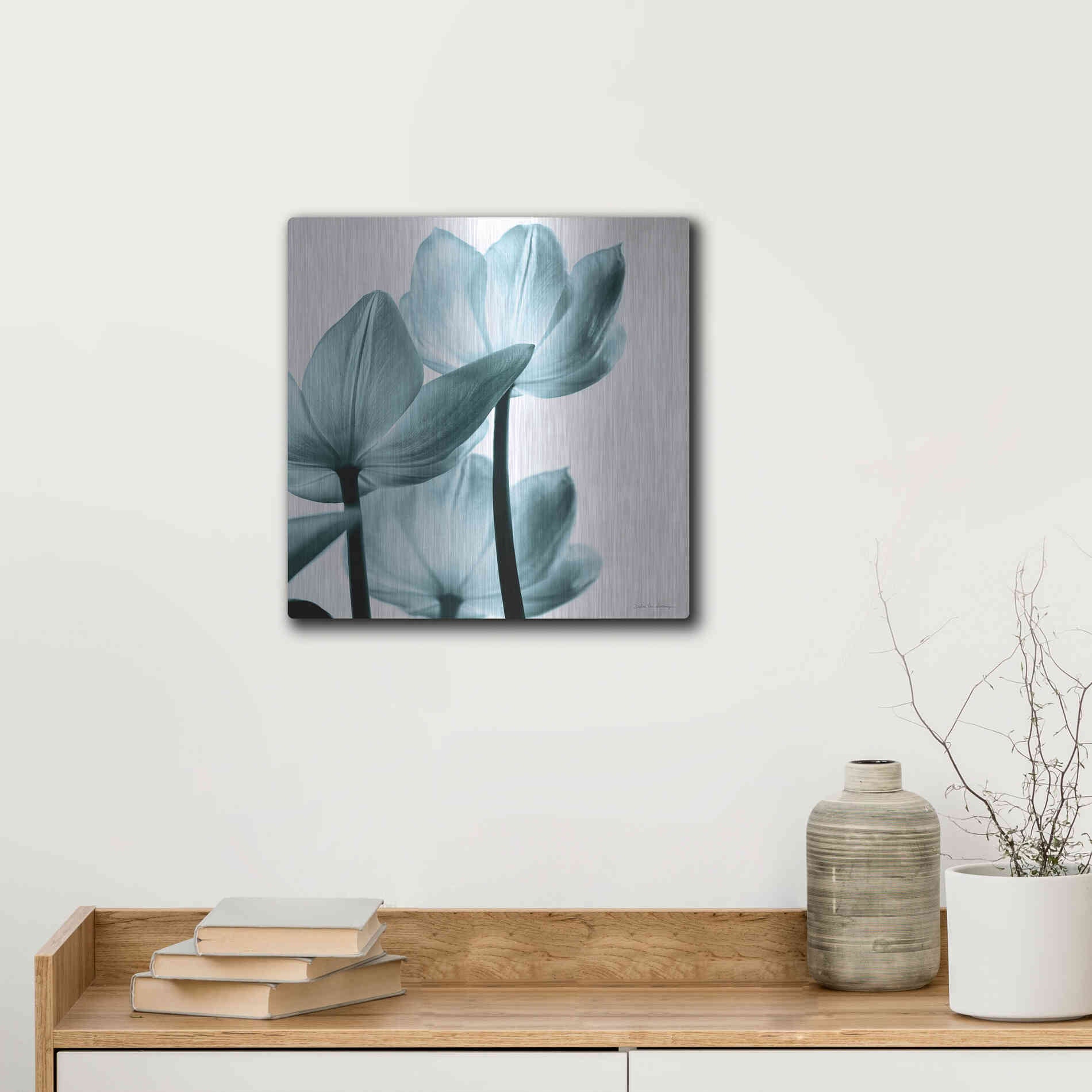 Luxe Metal Art 'Translucent Tulips III Aqua' by Debra Van Swearingen, Metal Wall Art,12x12
