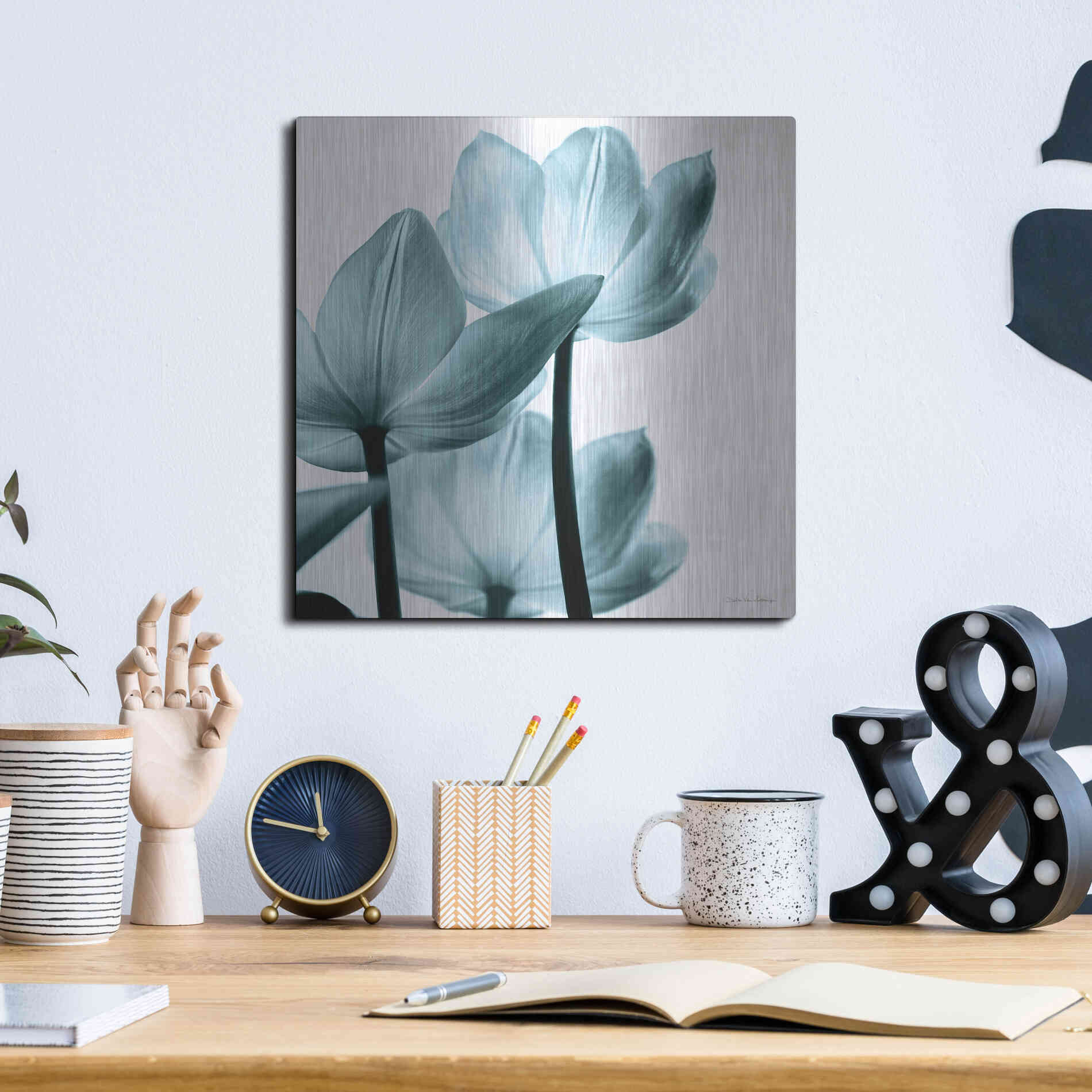 Luxe Metal Art 'Translucent Tulips III Aqua' by Debra Van Swearingen, Metal Wall Art,12x12