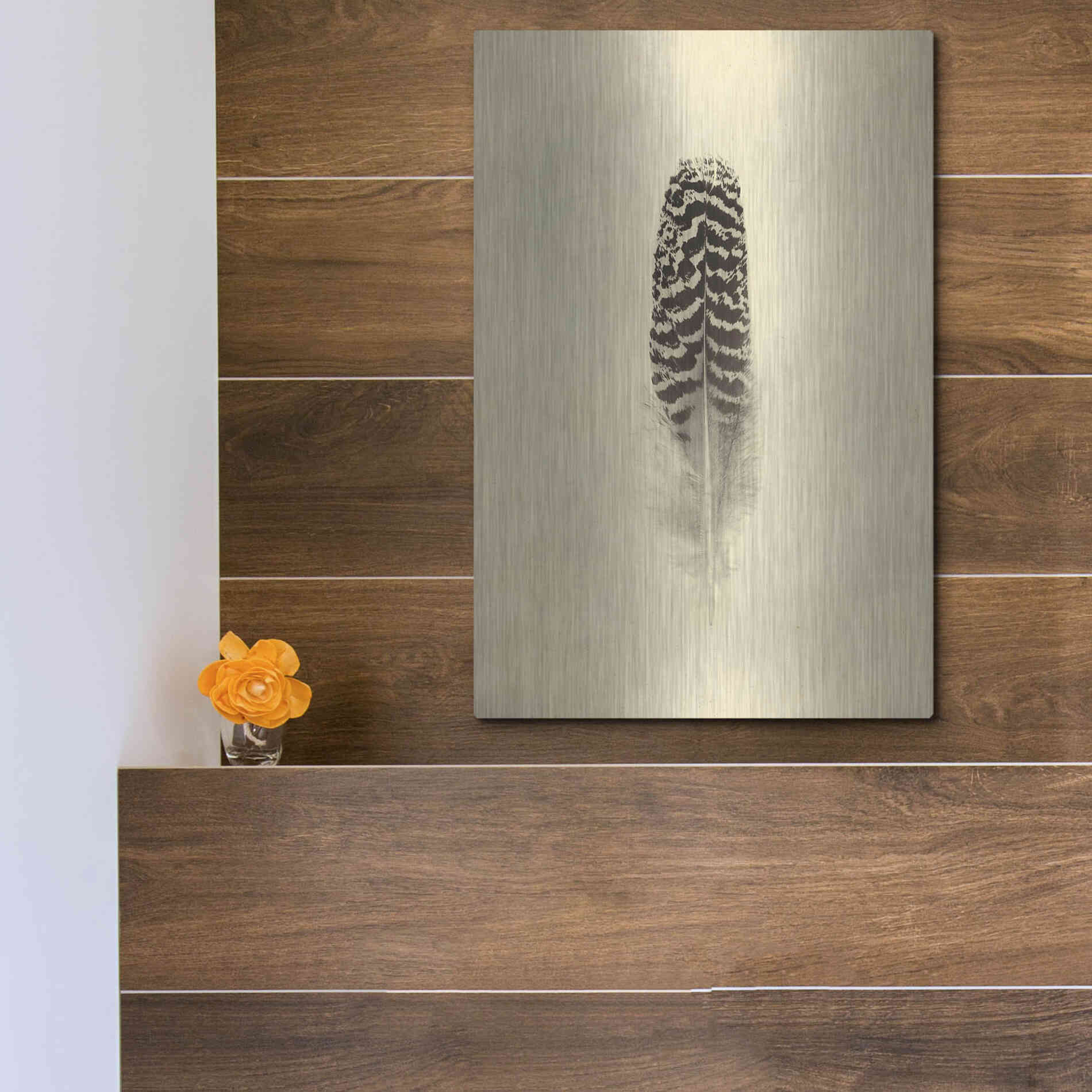 Luxe Metal Art 'Feather I Vintage' by Debra Van Swearingen, Metal Wall Art,12x16