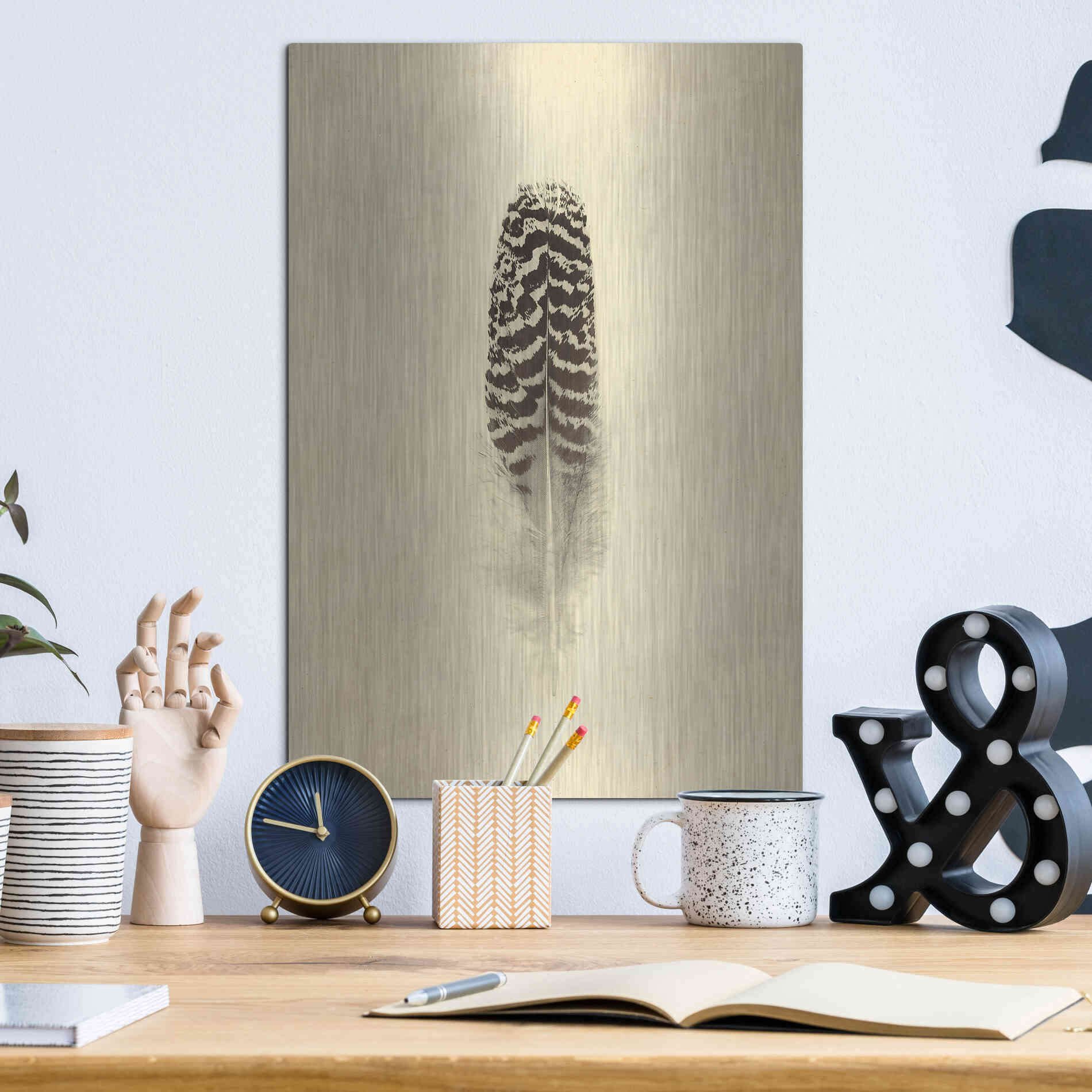 Luxe Metal Art 'Feather I Vintage' by Debra Van Swearingen, Metal Wall Art,12x16