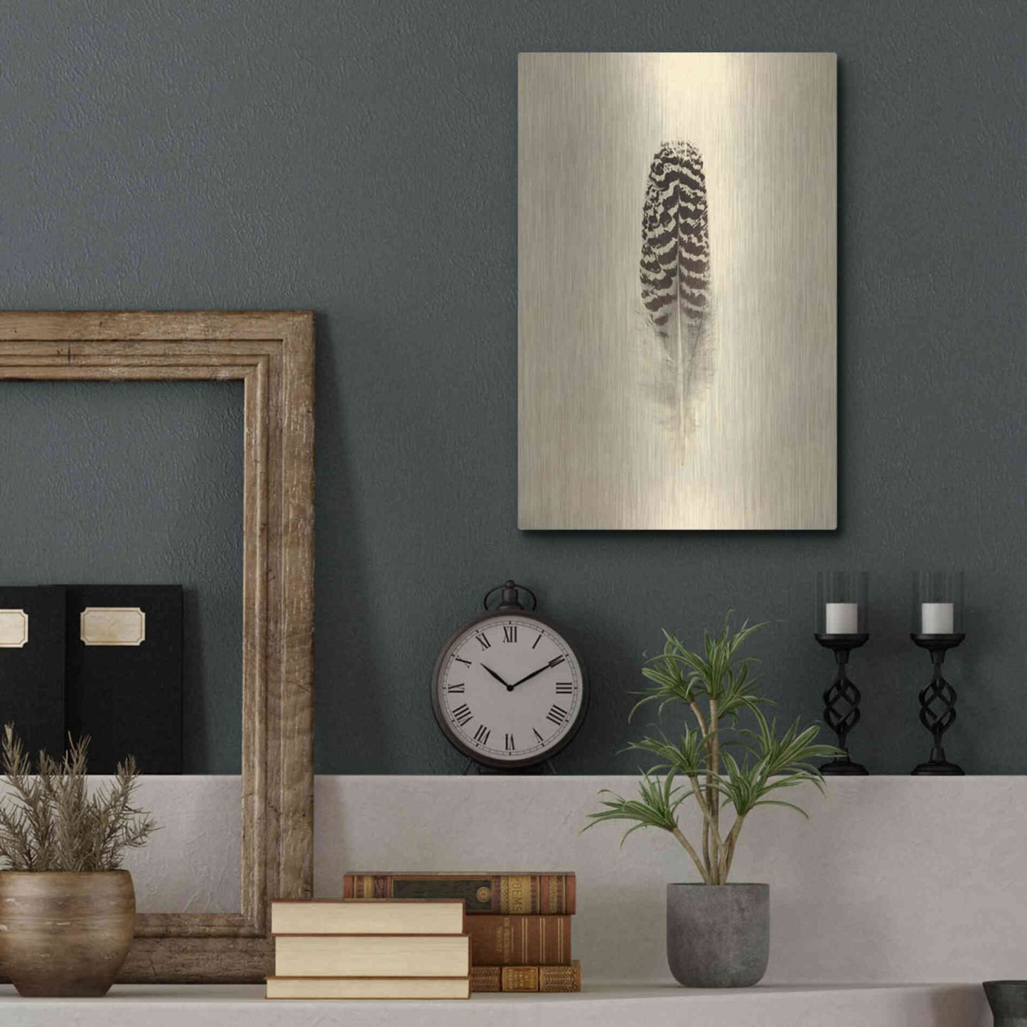 Luxe Metal Art 'Feather I Vintage' by Debra Van Swearingen, Metal Wall Art,12x16