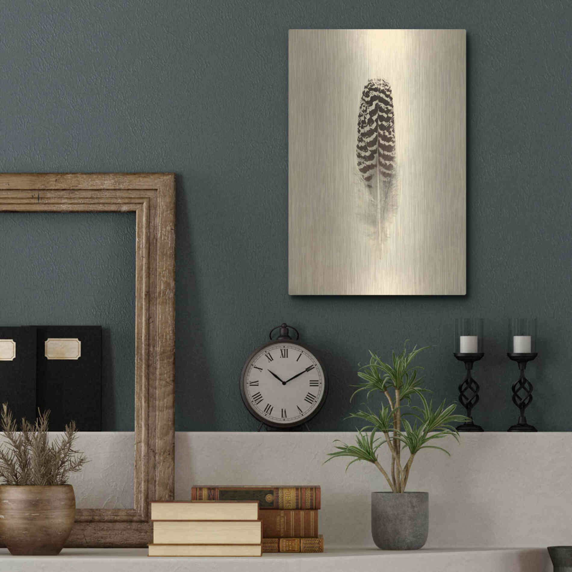 Luxe Metal Art 'Feather I Vintage' by Debra Van Swearingen, Metal Wall Art,12x16