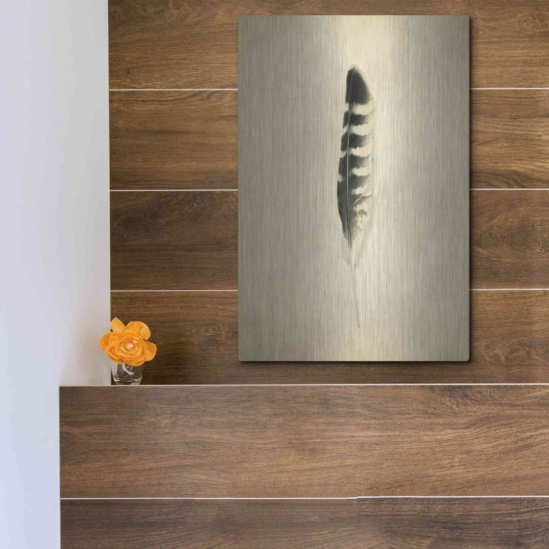 Luxe Metal Art 'Feather IV Vintage' by Debra Van Swearingen, Metal Wall Art,12x16