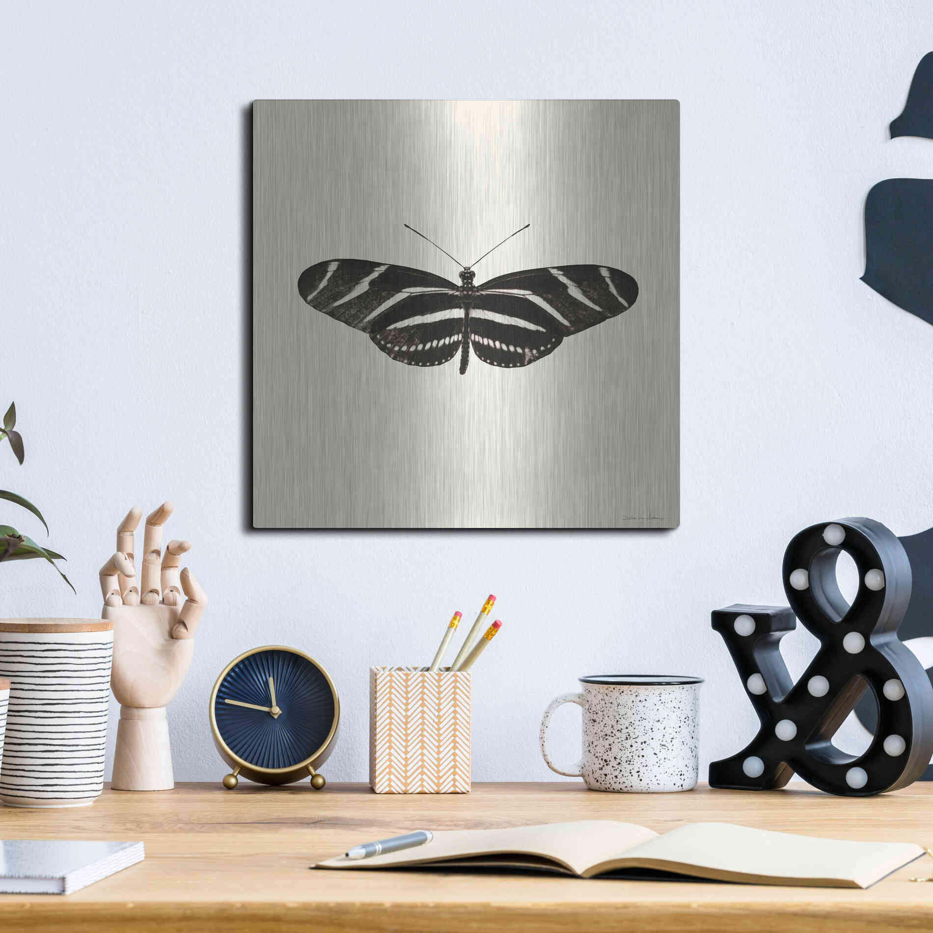 Luxe Metal Art 'Butterfly IX B&W' by Debra Van Swearingen, Metal Wall Art,12x12