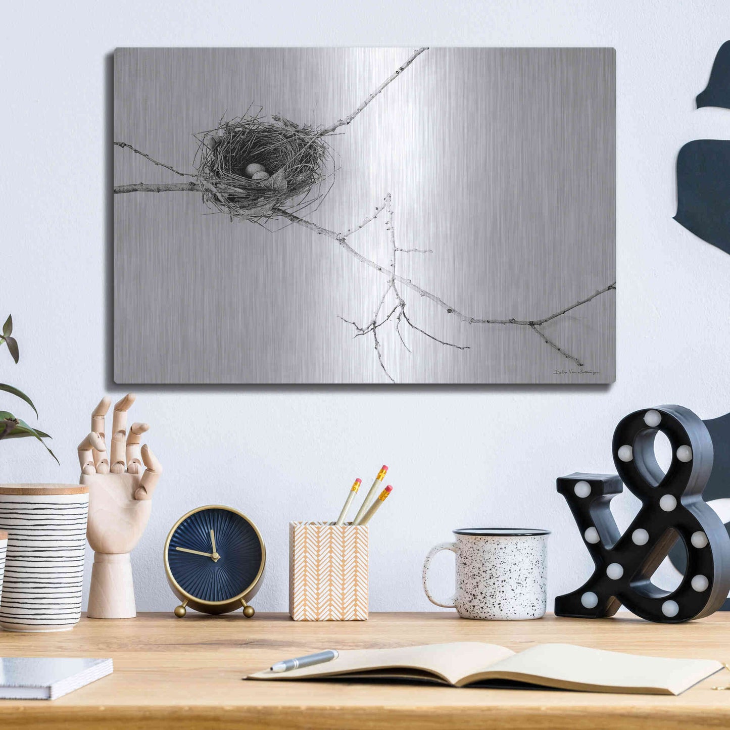 Luxe Metal Art 'Nest and Branch I' by Debra Van Swearingen, Metal Wall Art,16x12
