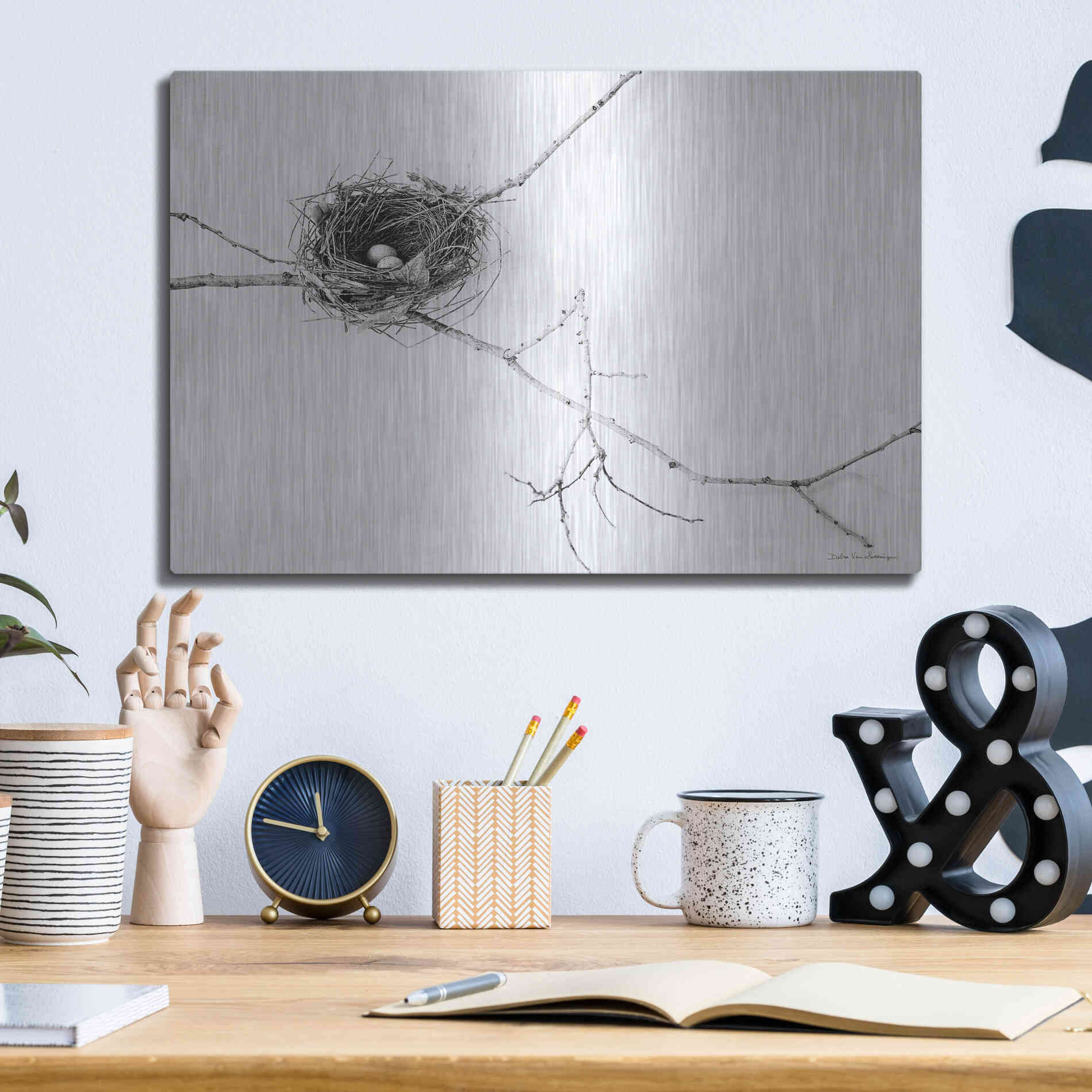 Luxe Metal Art 'Nest and Branch I' by Debra Van Swearingen, Metal Wall Art,16x12