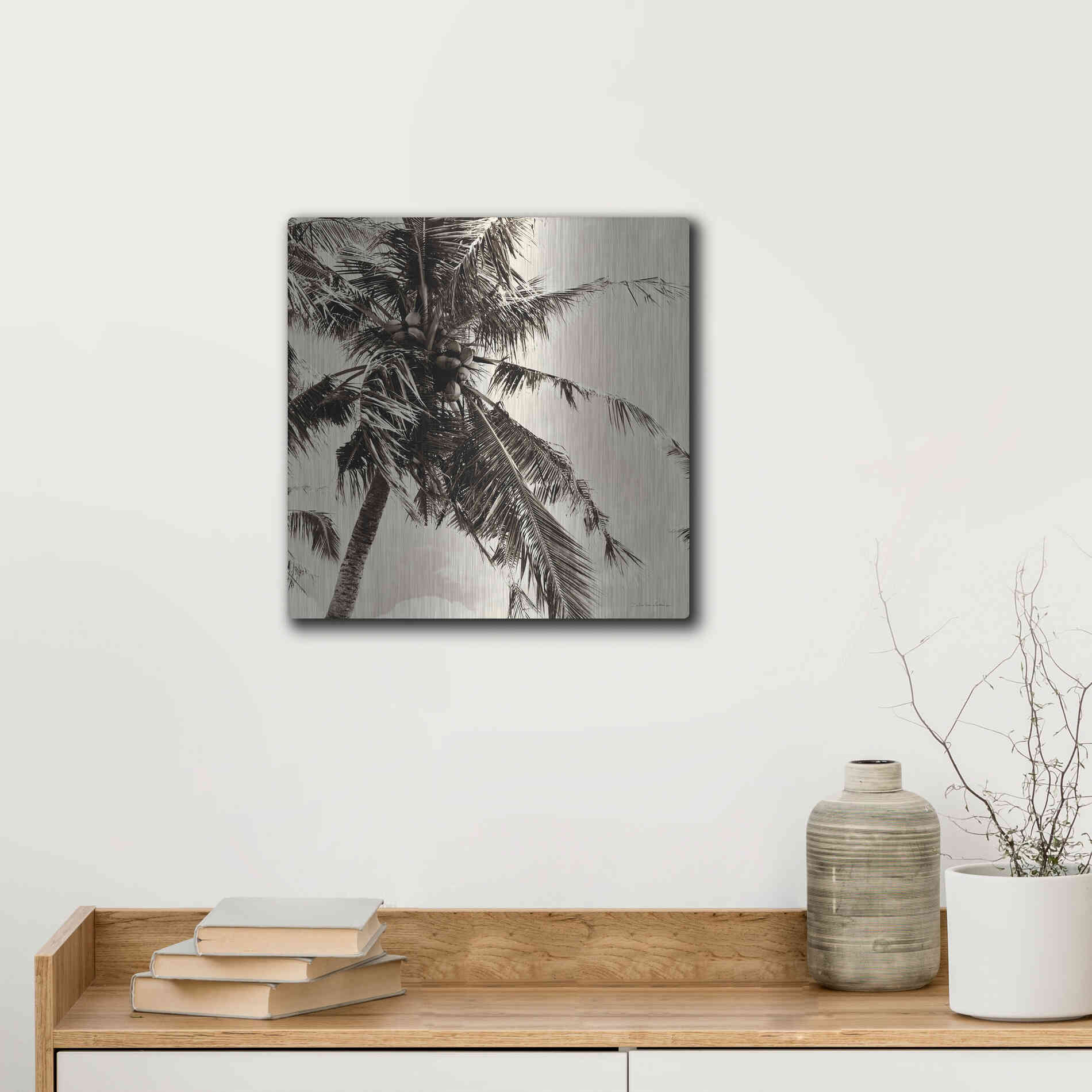Luxe Metal Art 'Palm Tree Sepia II' by Debra Van Swearingen, Metal Wall Art,12x12