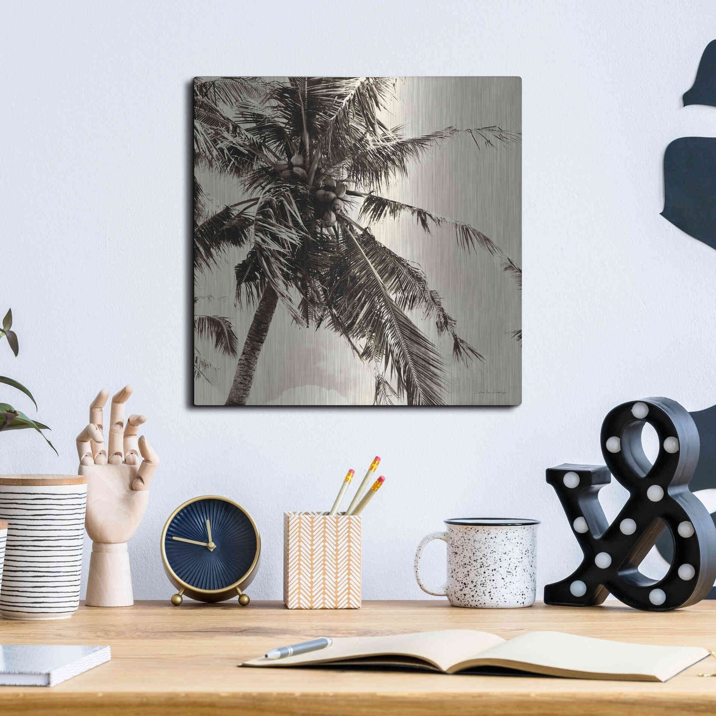 Luxe Metal Art 'Palm Tree Sepia II' by Debra Van Swearingen, Metal Wall Art,12x12