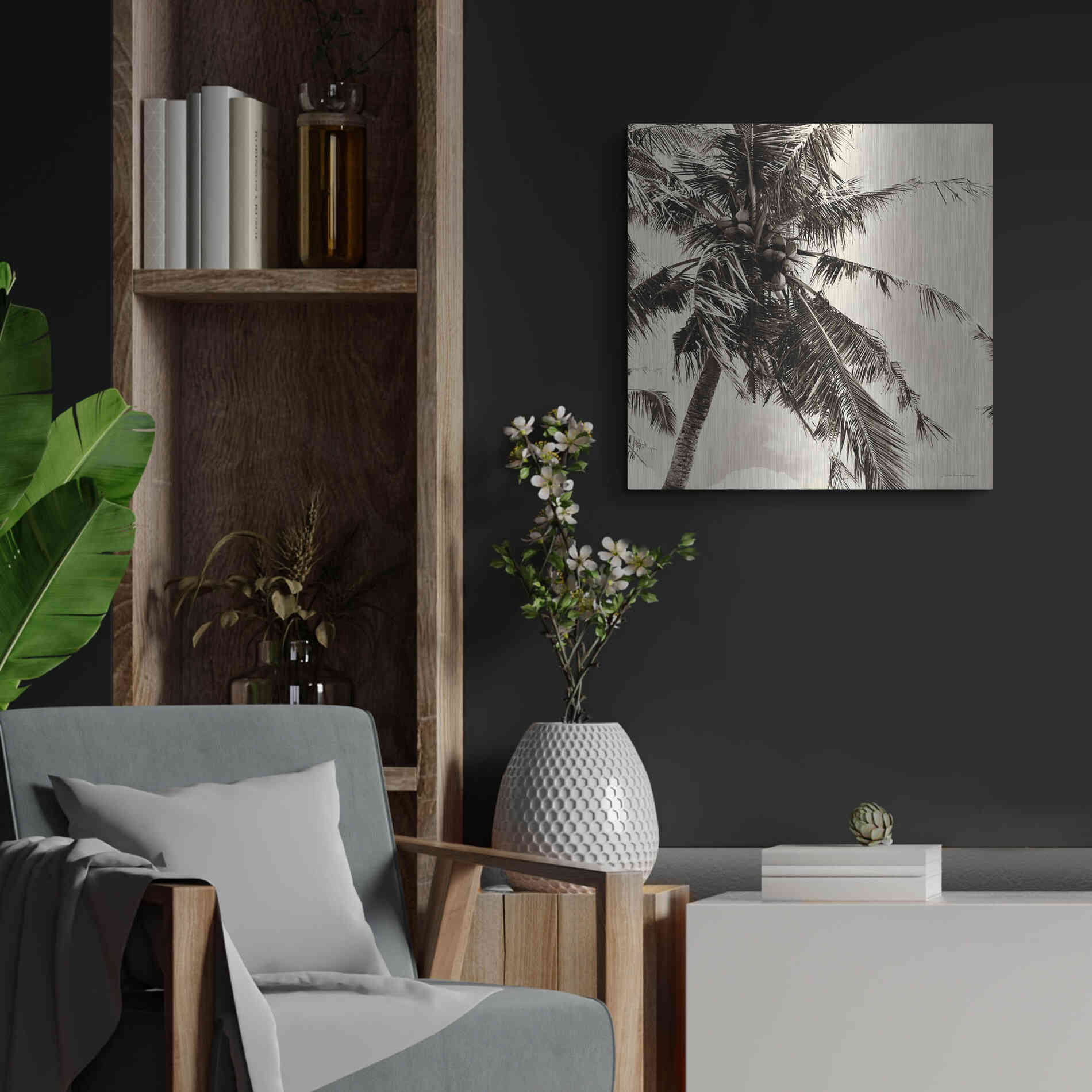 Luxe Metal Art 'Palm Tree Sepia II' by Debra Van Swearingen, Metal Wall Art,24x24