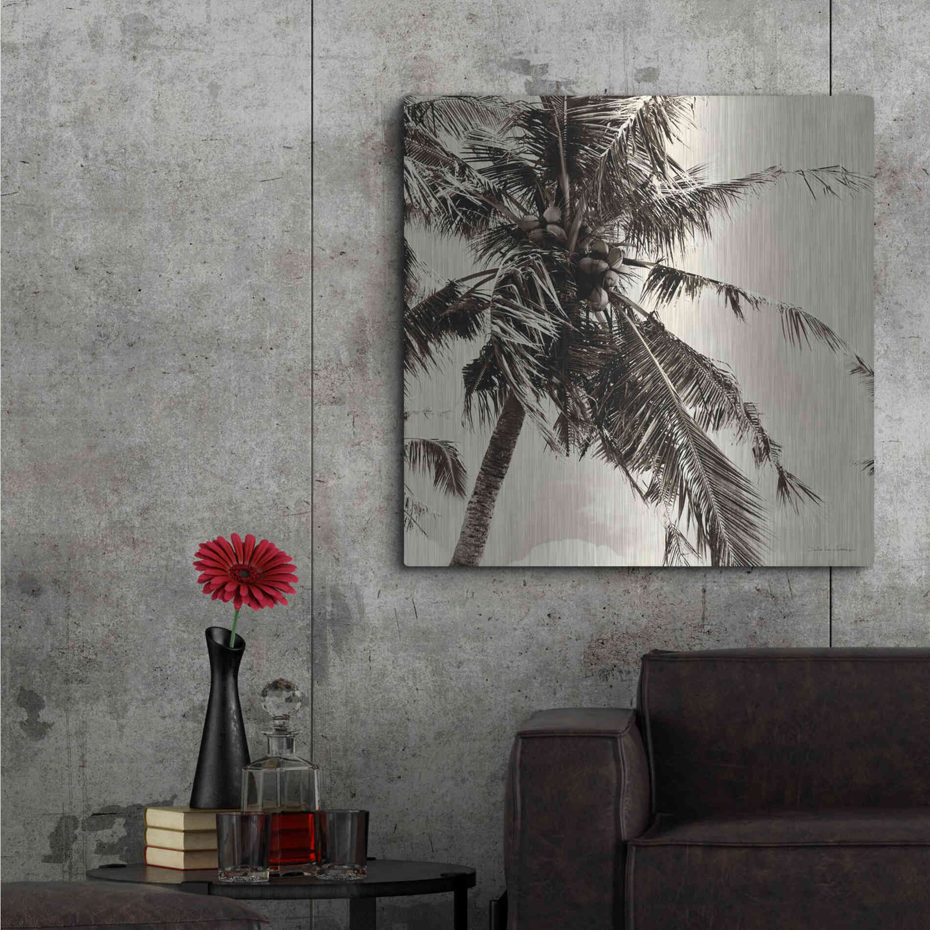Luxe Metal Art 'Palm Tree Sepia II' by Debra Van Swearingen, Metal Wall Art,36x36