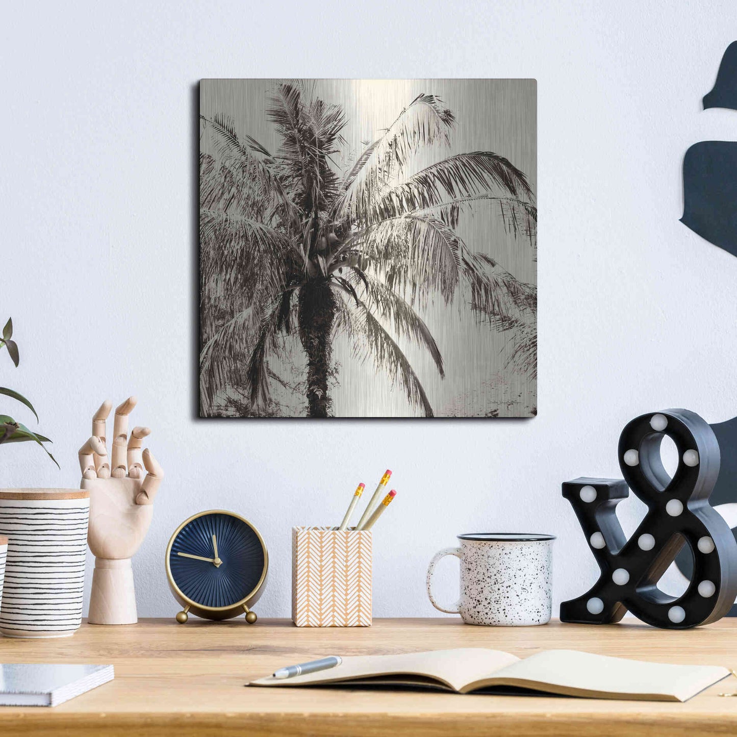 Luxe Metal Art 'Palm Tree Sepia III' by Debra Van Swearingen, Metal Wall Art,12x12