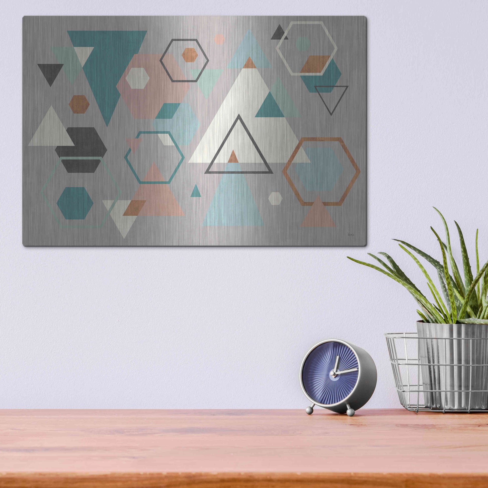 Luxe Metal Art 'Abstract Geo I Gray' by Veronique Charron, Metal Wall Art,16x12