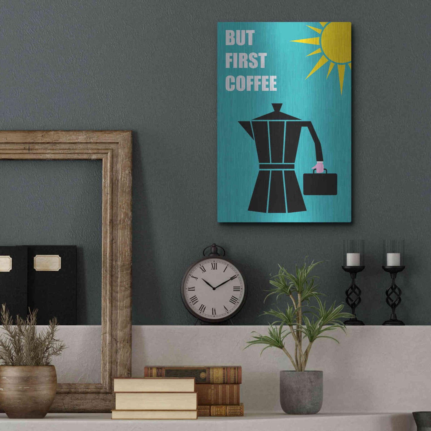 Luxe Metal Art 'But First Coffee' by Cesare Bellassai, Metal Wall Art,12x16