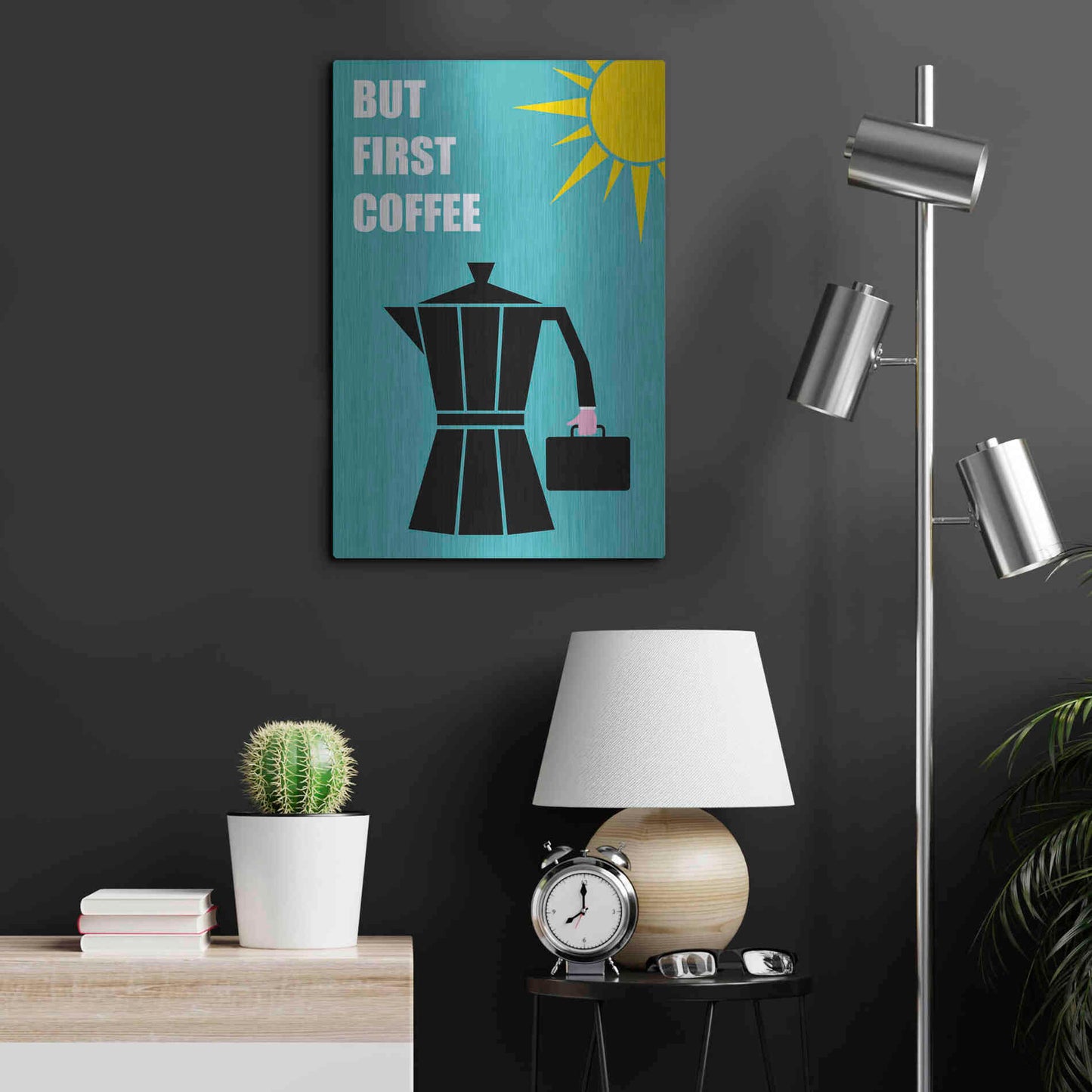 Luxe Metal Art 'But First Coffee' by Cesare Bellassai, Metal Wall Art,16x24