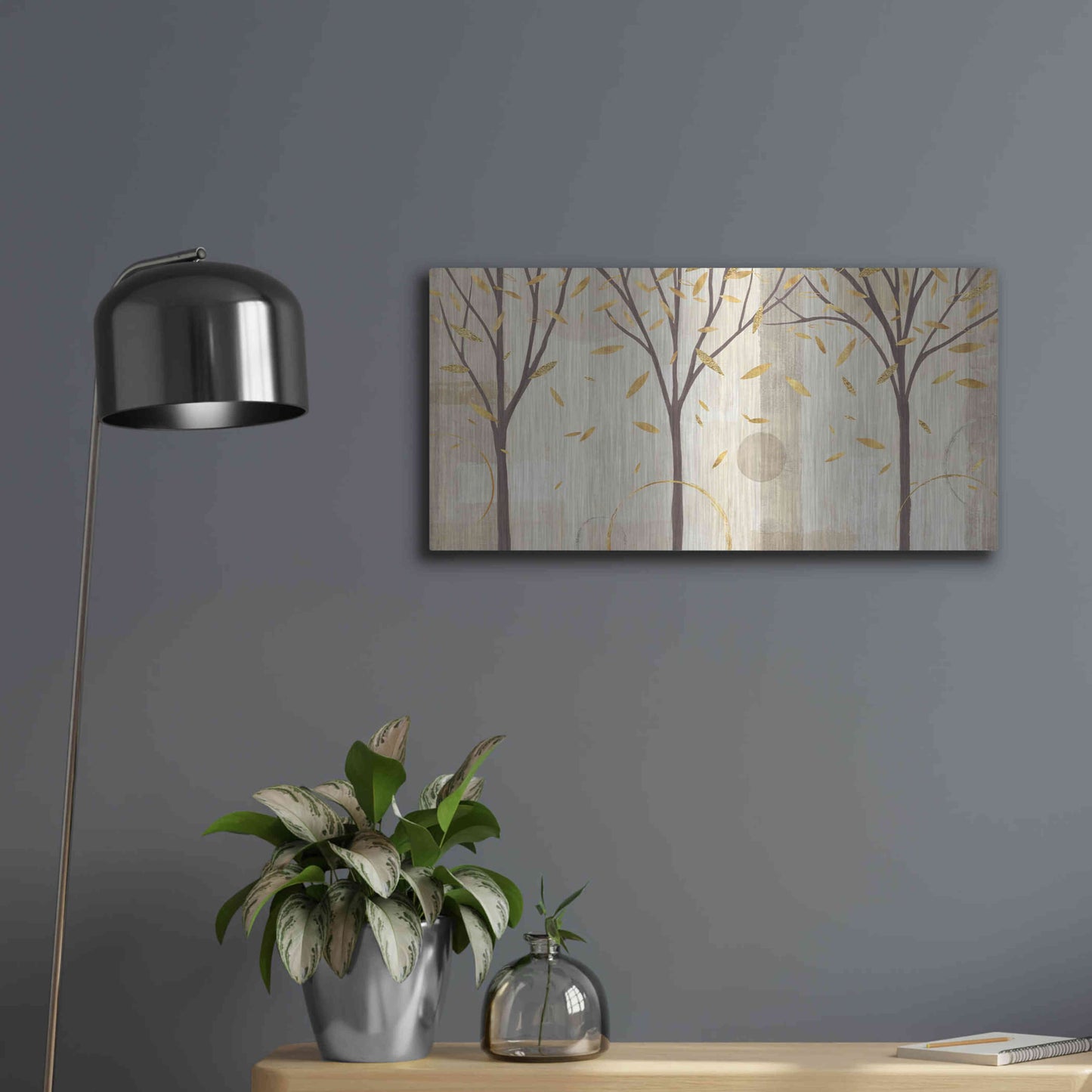 Luxe Metal Art 'Watercolor Forest Gold I' by Veronique Charron, Metal Wall Art,24x12