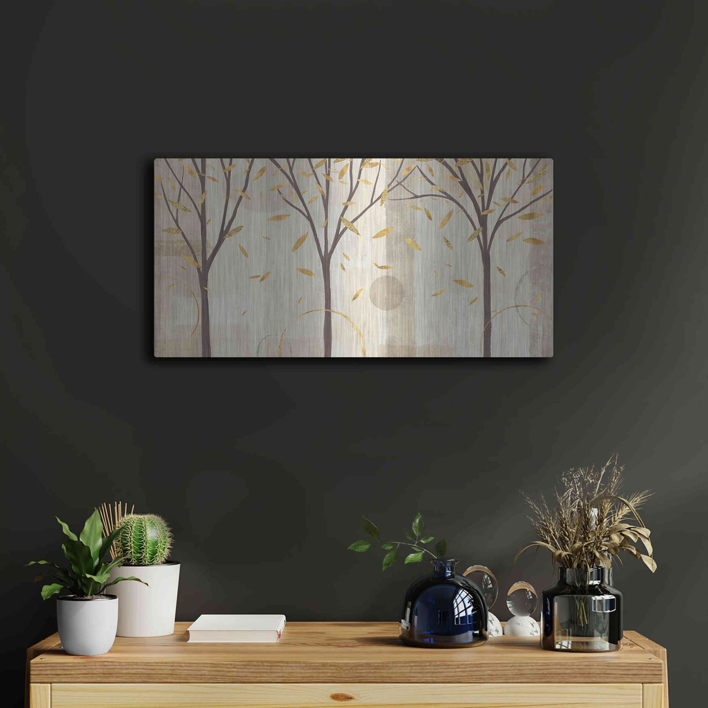 Luxe Metal Art 'Watercolor Forest Gold I' by Veronique Charron, Metal Wall Art,24x12