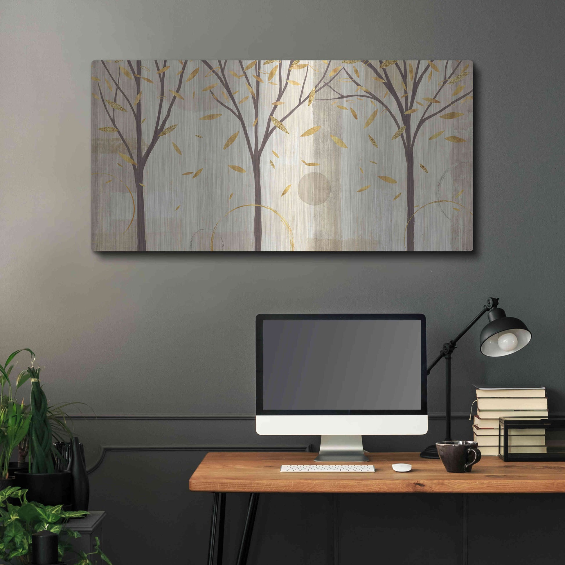 Luxe Metal Art 'Watercolor Forest Gold I' by Veronique Charron, Metal Wall Art,48x24