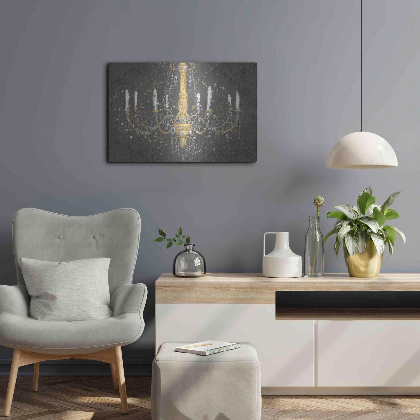 Luxe Metal Art 'Grand Chandelier Gray' by James Wiens, Metal Wall Art,24x16