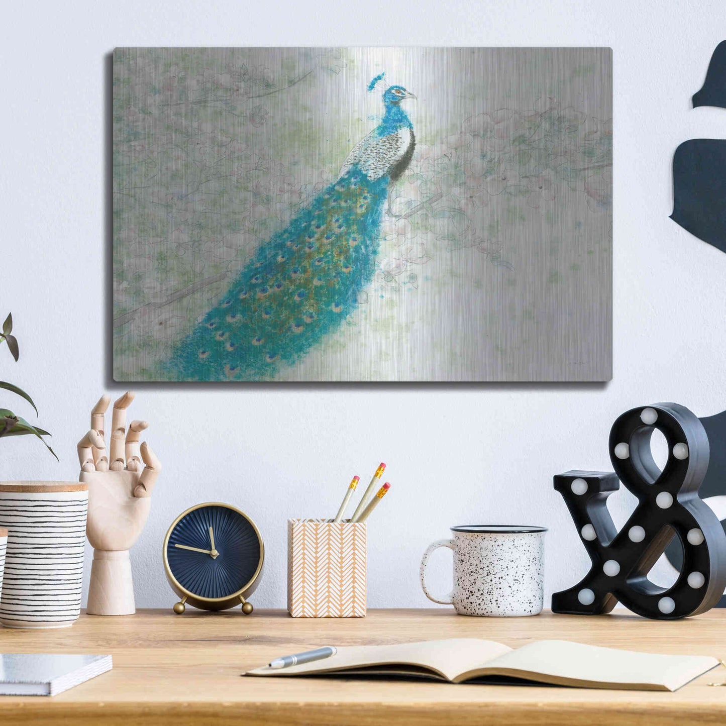 Luxe Metal Art 'Spring Peacock I' by James Wiens, Metal Wall Art,16x12