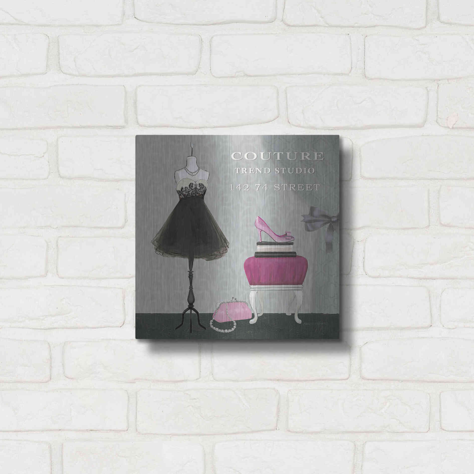 Luxe Metal Art 'Dress Fitting Boutique Sq III' by Marco Fabiano, Metal Wall Art,12x12